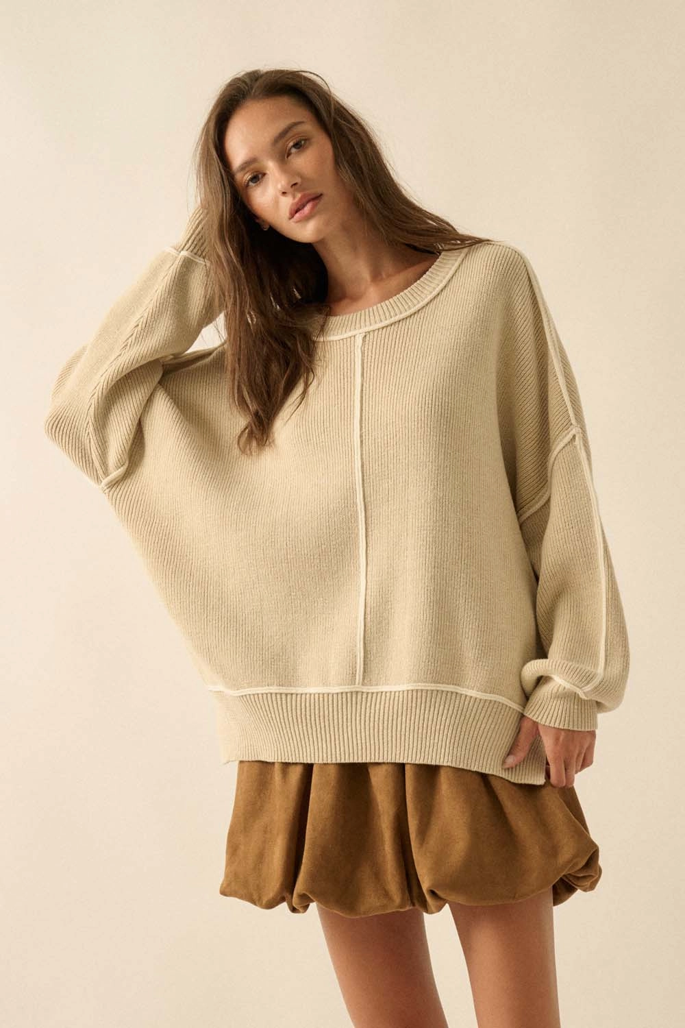 Ribbed Knit Oversized Sweater - Oatmeal Cozy Fleece Light Warmth
