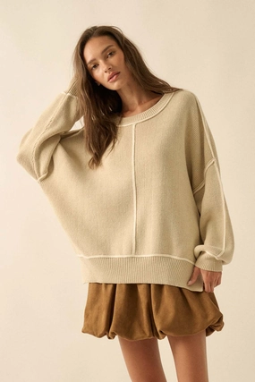 Ribbed Knit Oversized Sweater - Oatmeal Cozy Fleece Light Warmth