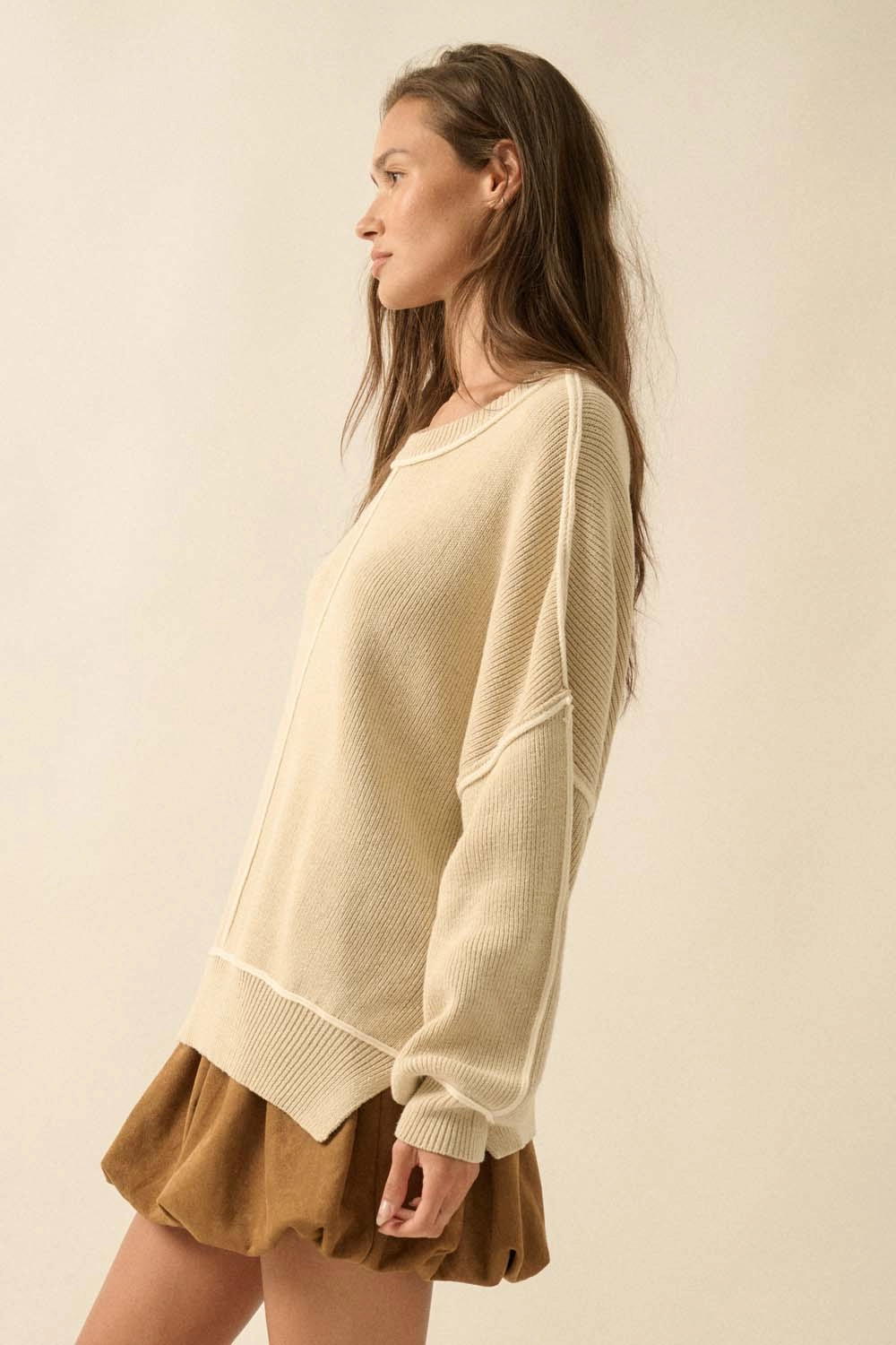 All-day Comfort Ribbed Knit Oversized Sweater - Oatmeal