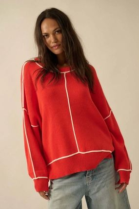 Ribbed Knit Oversized Sweater - Red Wrinkle Free Material Layered Knitwear