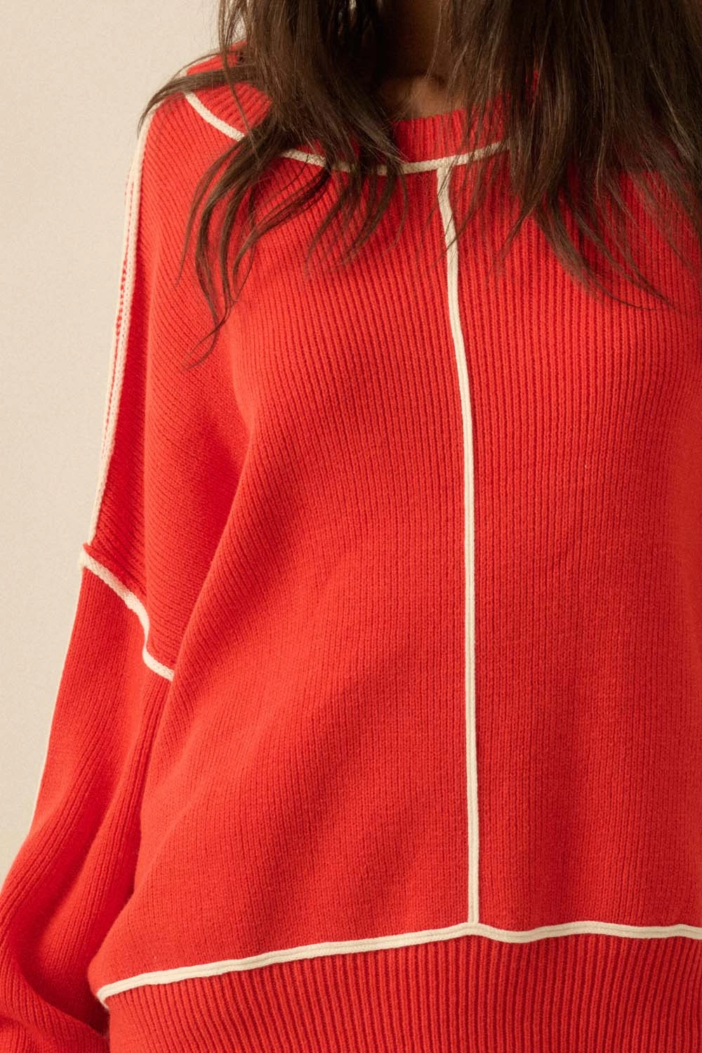 Wrinkle Resistant Ribbed Knit Oversized Sweater - Red
