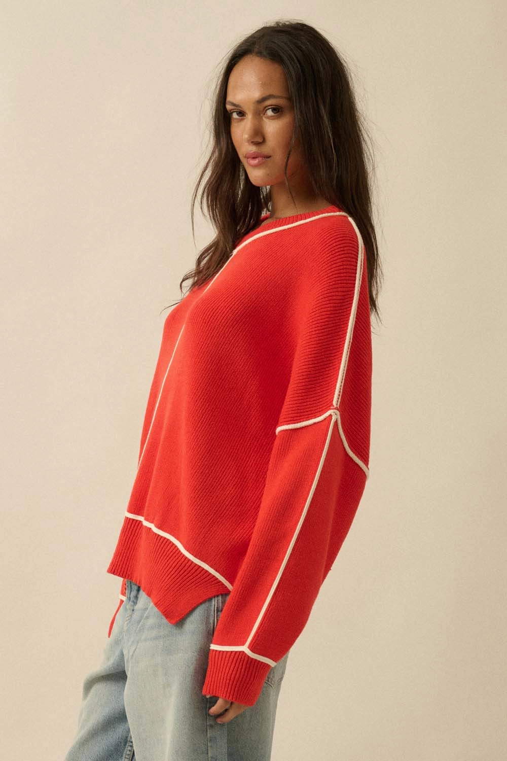 Ribbed Knit Oversized Sweater - Red Relaxed Silhouette Functional Layer
