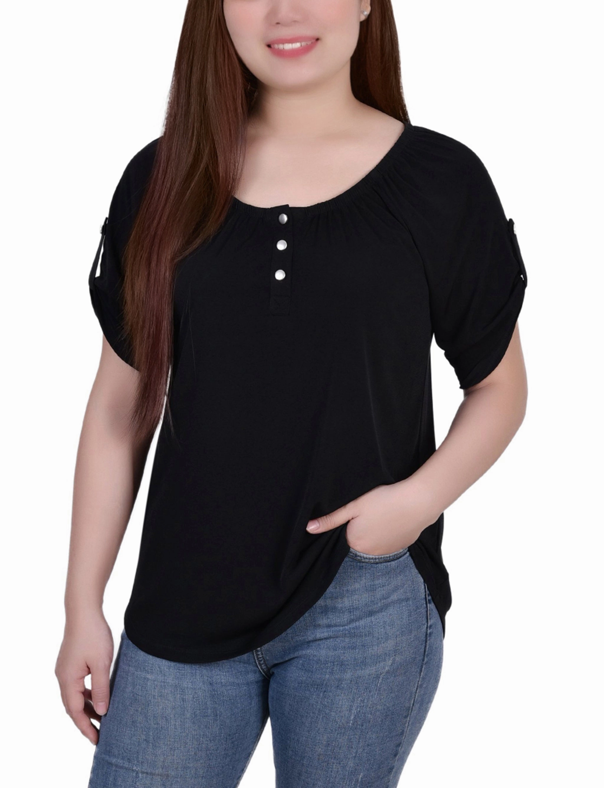 Short Sleeve Round Neck Henley Top No Season