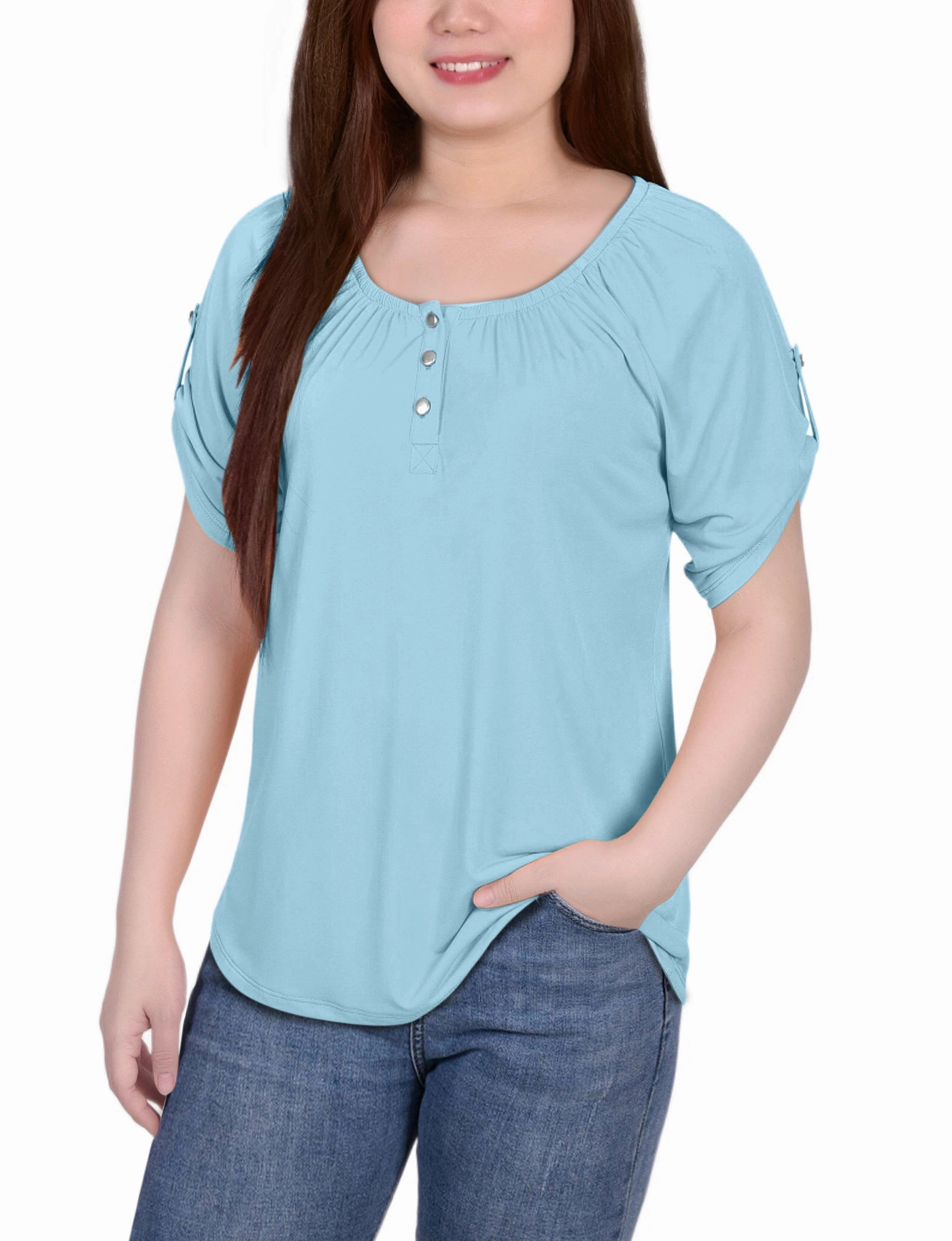 Short Sleeve Round Neck Henley Top Cozy Weekend