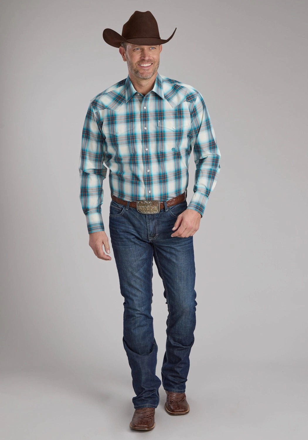 Roper Mens 2245 Taos Ombre Plaid Brown 100% Cotton L/S Shirt Eco Dye Technique