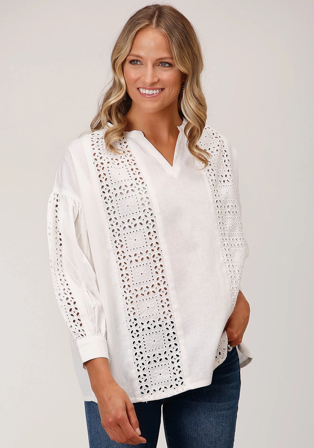 Eco friendly materials Roper Womens Flex Peasant White 100% Cotton 3/4 Sleeve S/S Blouse