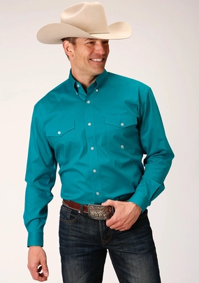 slim fit Flex Fit Collar Roper Mens Turquoise Cotton Blend Poplin Stretch BD L/S Btn Shirt