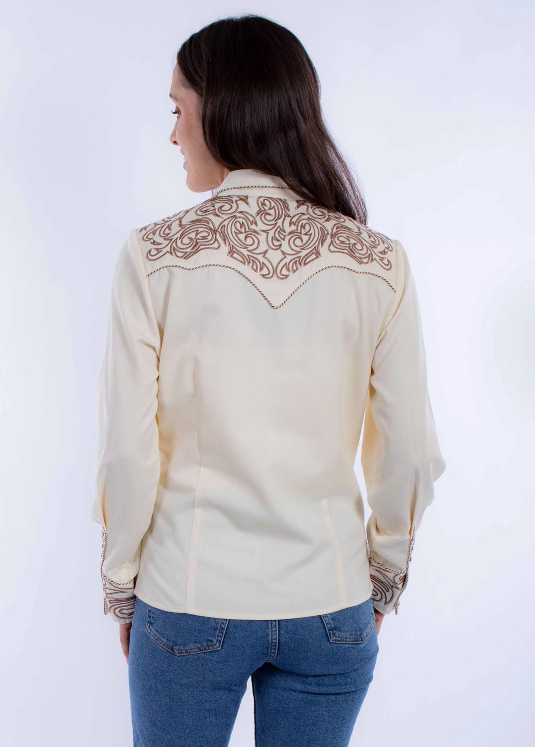 High-Quality Craftsmanship Student Essential Scully Womens Embroidered Scroll Cream Poly/Rayon L/S Shirt