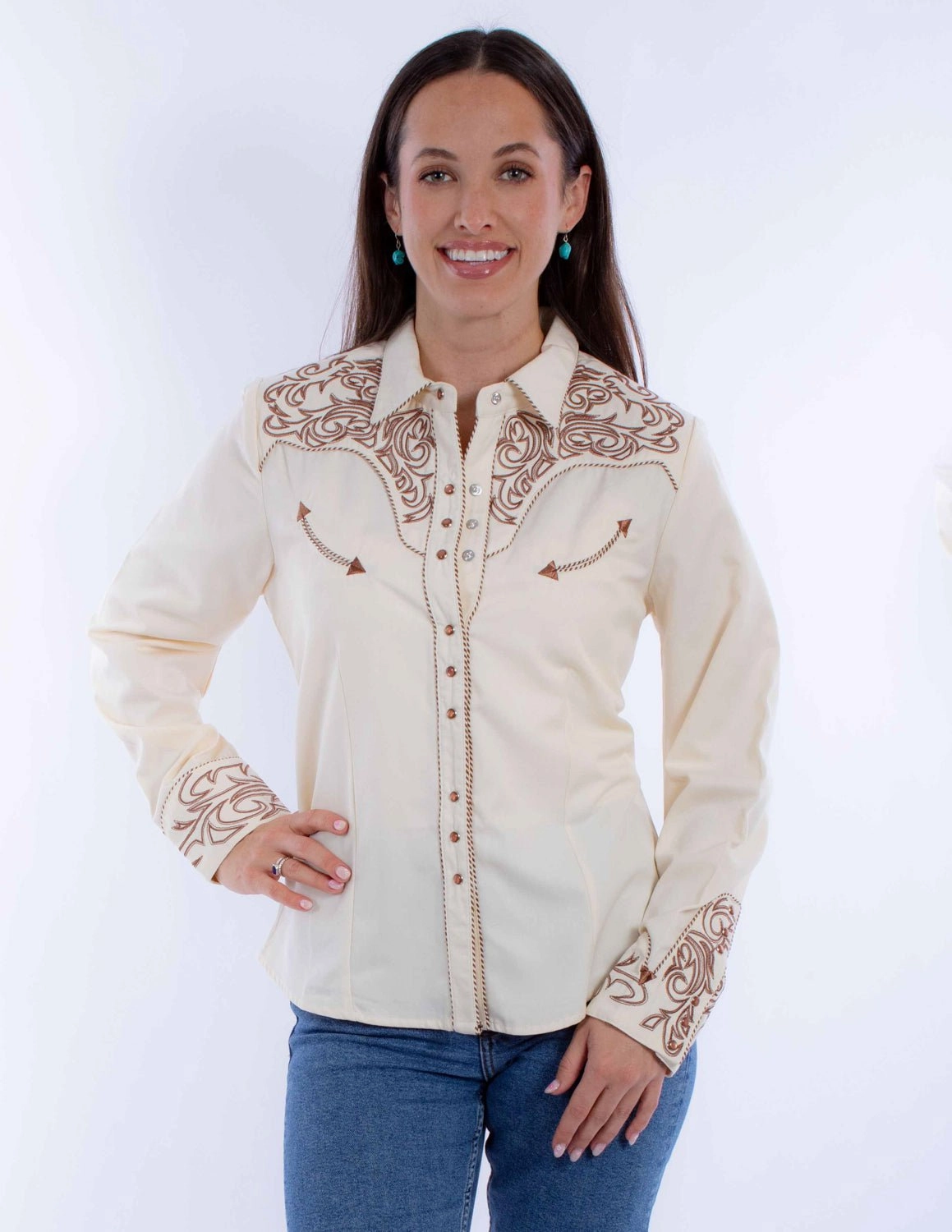 wrinkle free Cocktail Event Scully Womens Embroidered Scroll Cream Poly/Rayon L/S Shirt