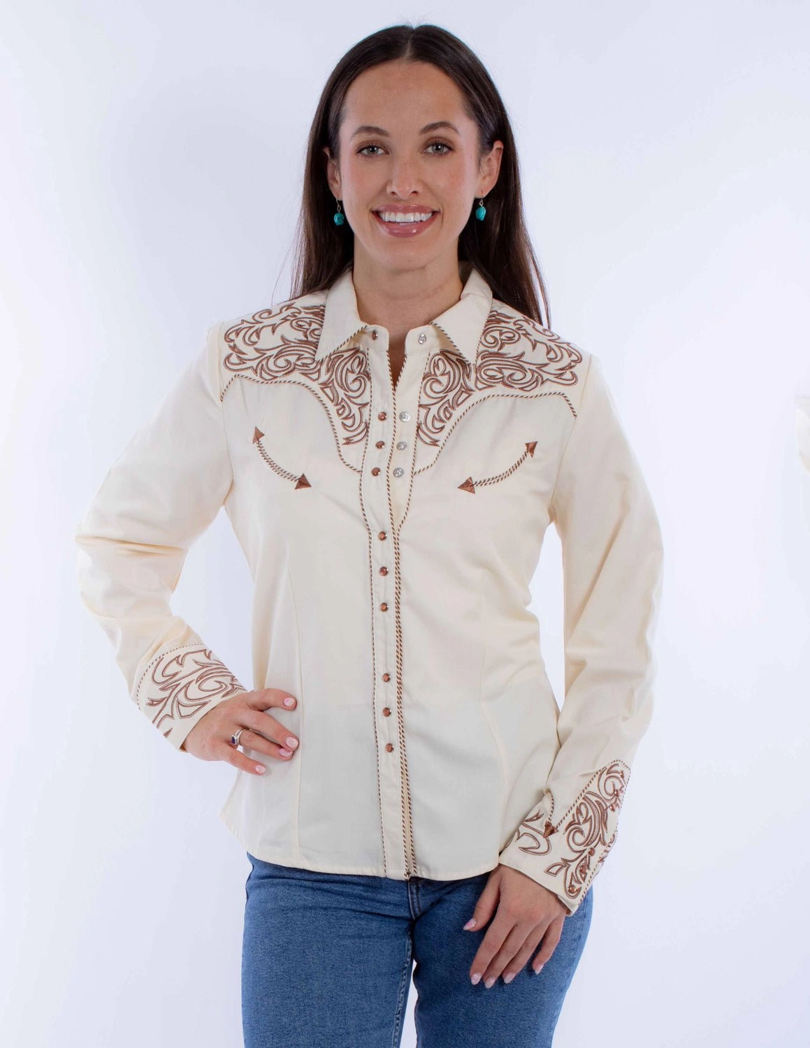 Scully Womens Embroidered Scroll Cream Poly/Rayon L/S Shirt gender-neutral Wrinkle Resistant Material