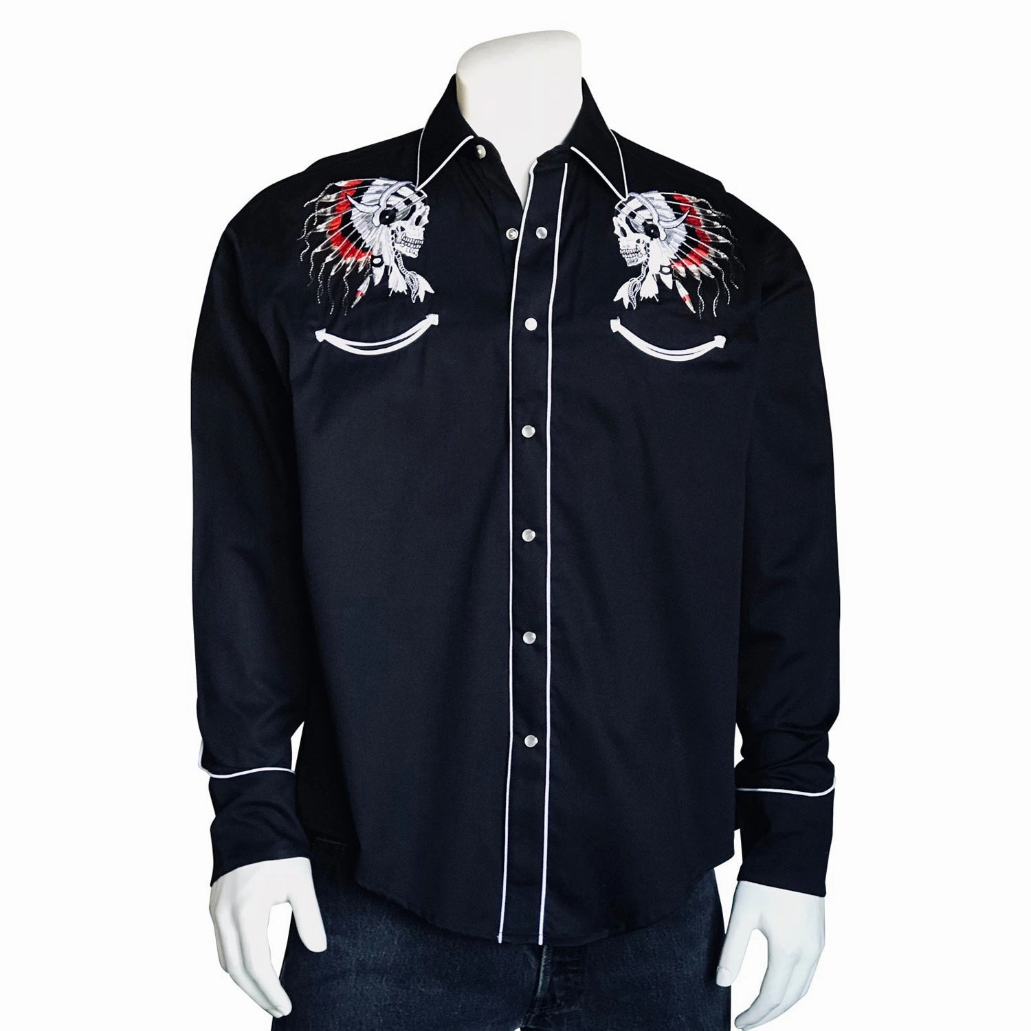Rockmount Mens Black 100% Cotton Chief Skulls Vintage L/S Shirt Vibrant color Picnic Outfit