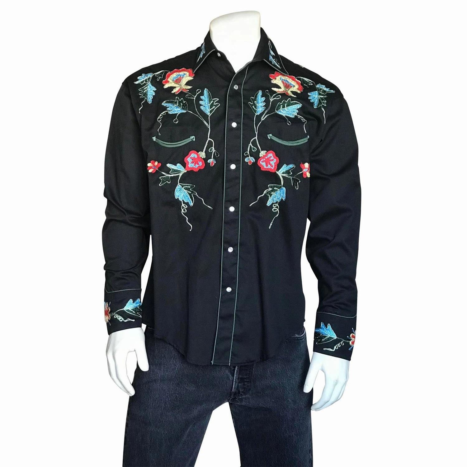 Rockmount Mens Black 100% Cotton Floral Embroidery L/S Shirt Trendy Outfit