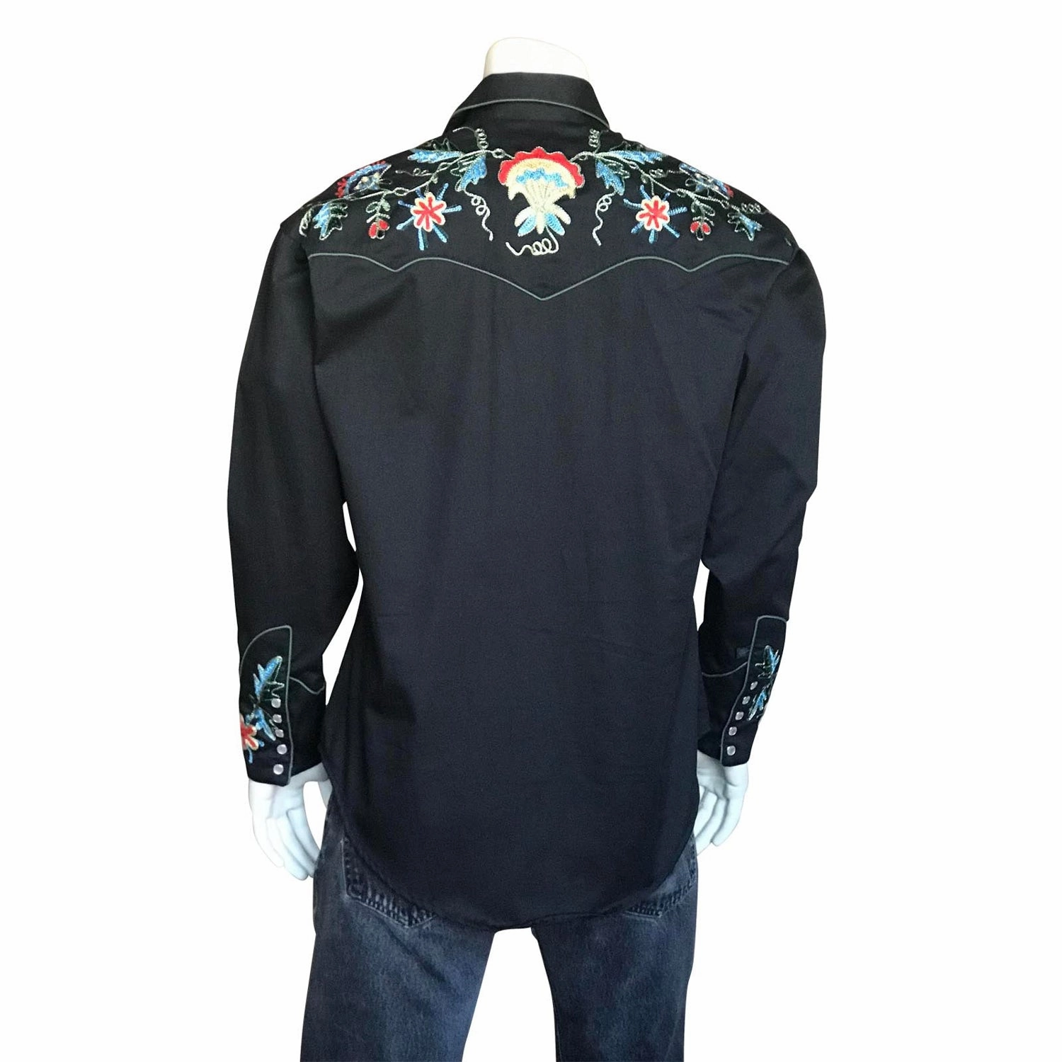 Rockmount Mens Black 100% Cotton Floral Embroidery L/S Shirt Premium Quality Eco Friendly Dye
