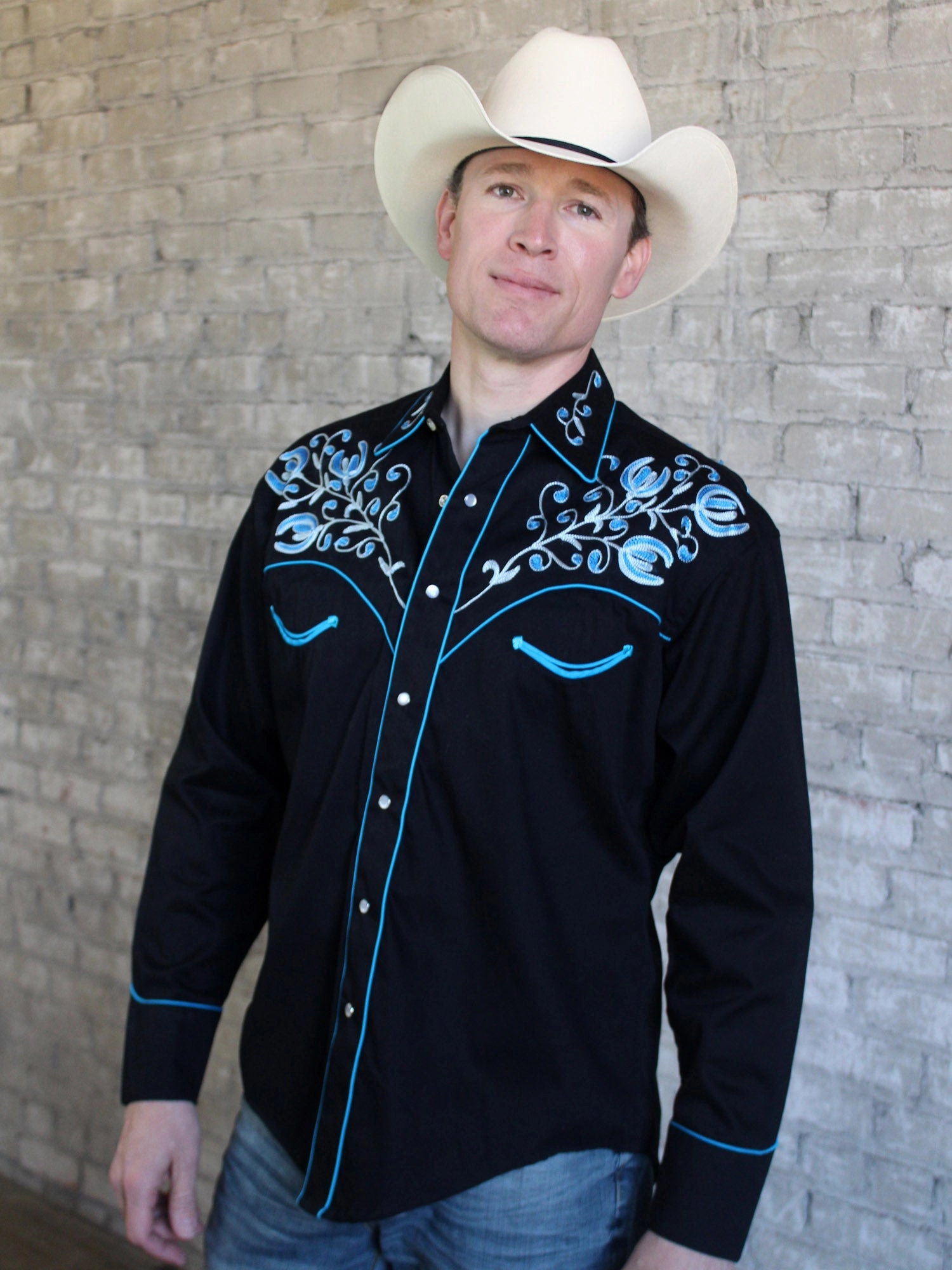 Non Irritating Seams Rockmount Mens Black 100% Cotton Prairie Blue Western L/S Shirt