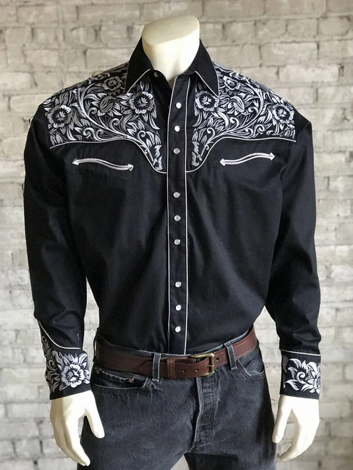 Rockmount Mens Black/Silver 100% Cotton Vintage Tooling Western L/S Shirt Reinforced Shoulders