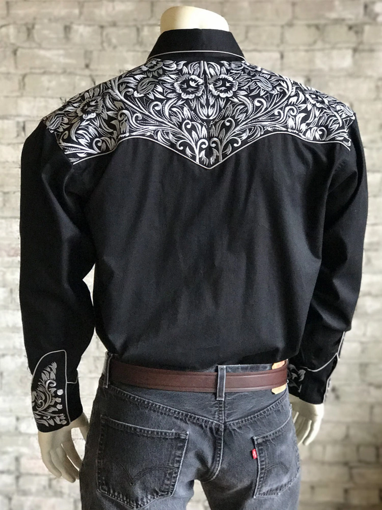 Rockmount Mens Black/Silver 100% Cotton Vintage Tooling Western L/S Shirt Ventilated Back Panel