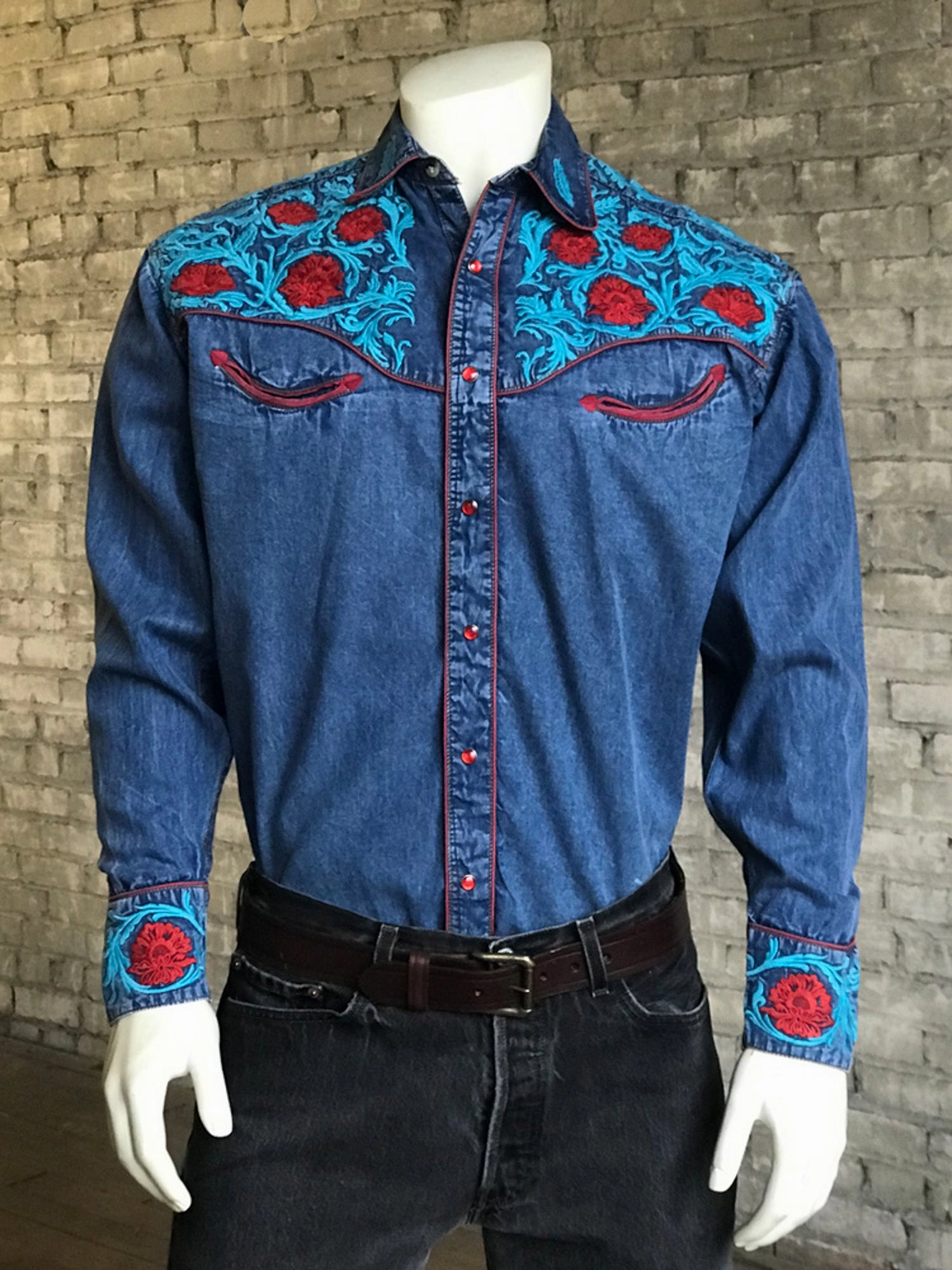 Breathable fabric Rockmount Mens Denim 100% Cotton Red Floral Turquoise Western L/S Shirt