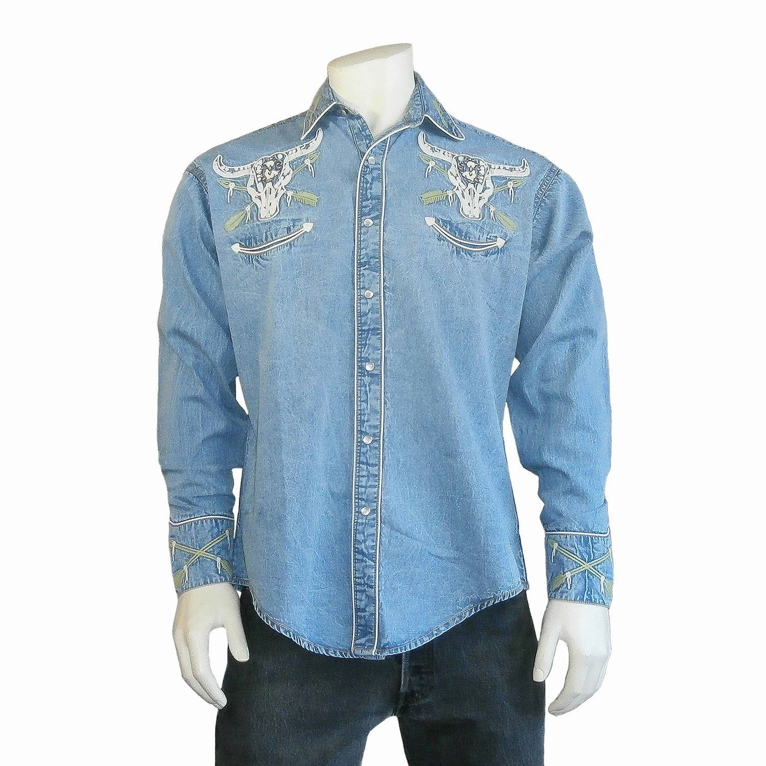 Rockmount Mens Denim 100% Cotton Vintage Denim Steer Skull L/S Shirt Comfortable fit