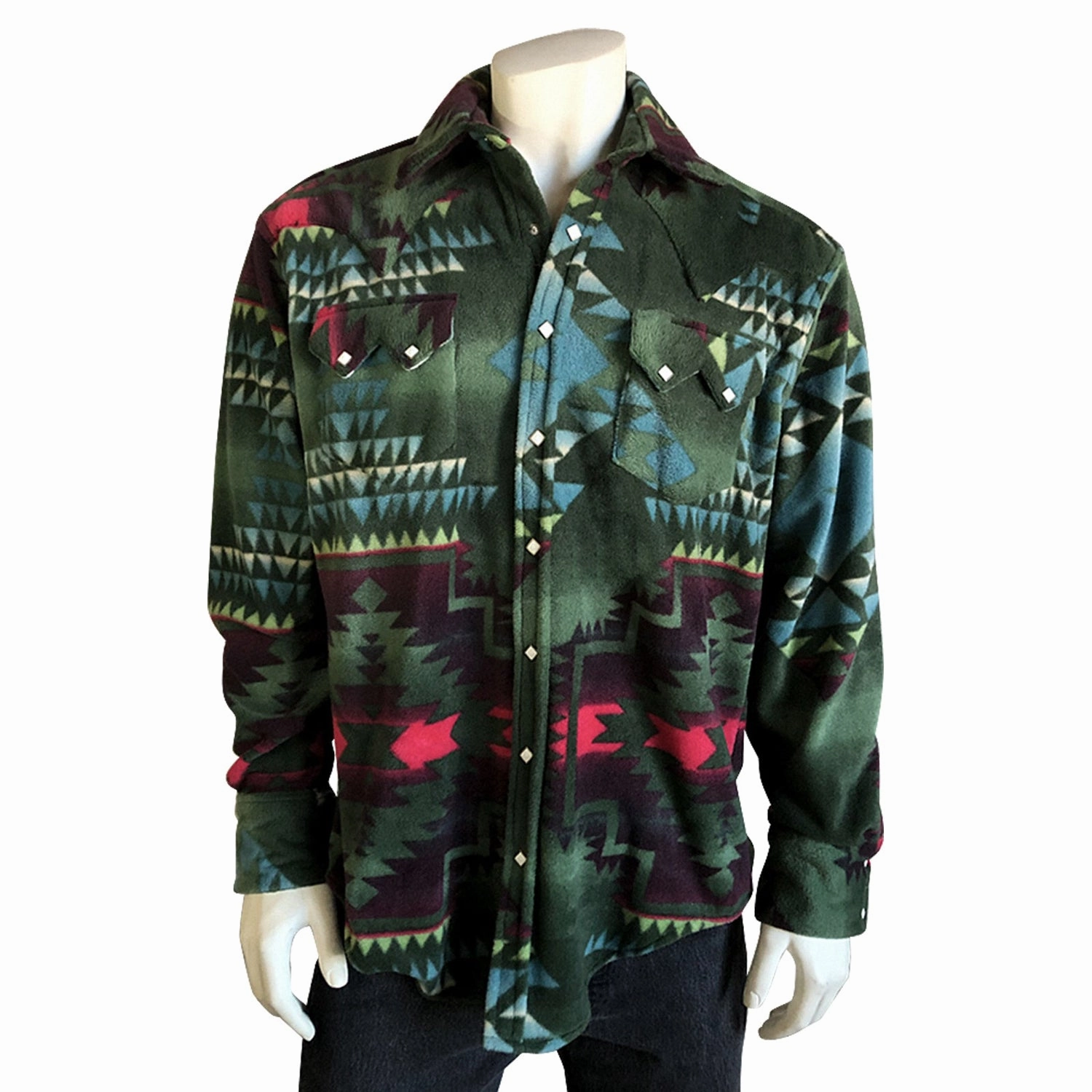 Fitted Cut Soft Material Rockmount Mens Green/Black Fleece Native Pattern Western L/S Shirt