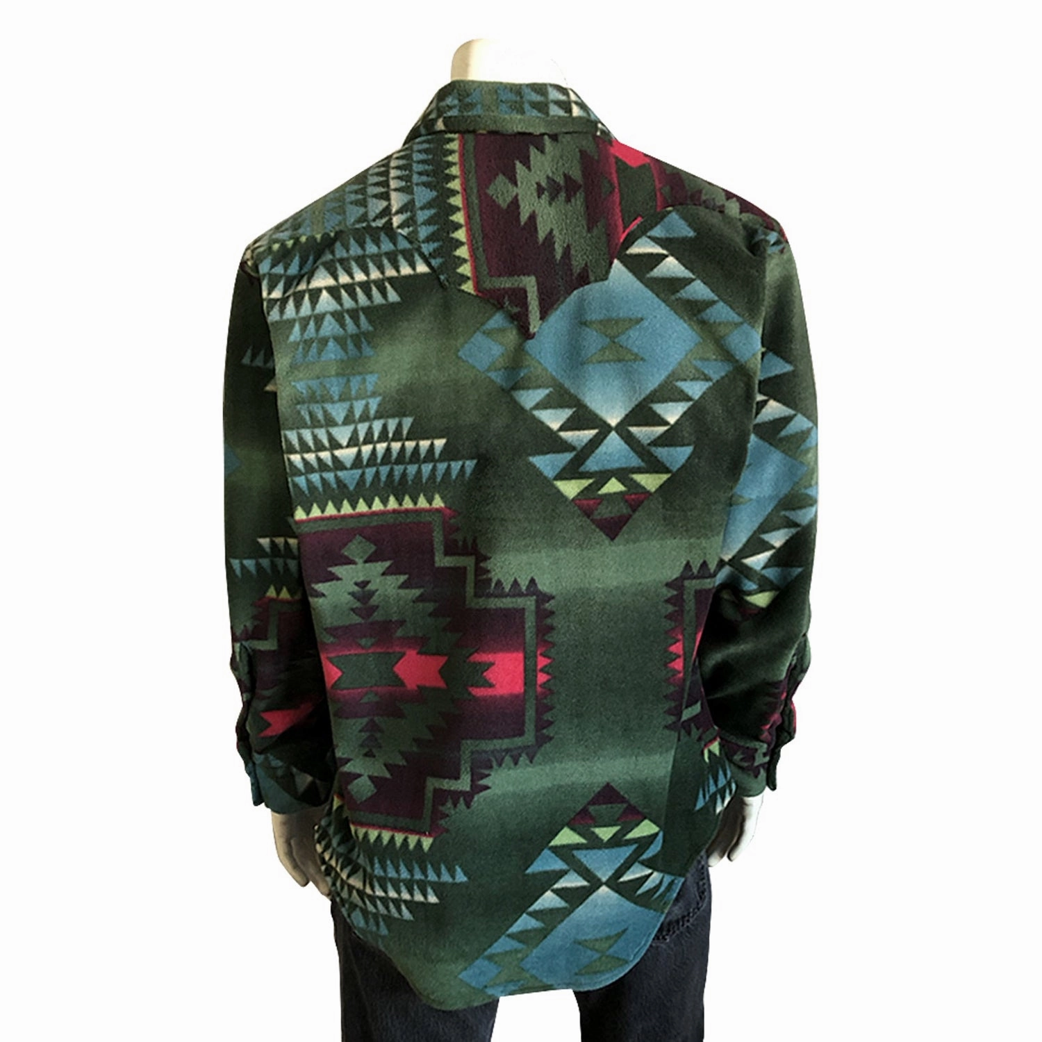 Embroidered Detail Odorless Binding Tape Rockmount Mens Green/Black Fleece Native Pattern Western L/S Shirt