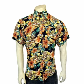 Layered Hemline Year-Round Wear Rockmount Mens Hawaiian Print Western Orange 100% Rayon S/S Shirt
