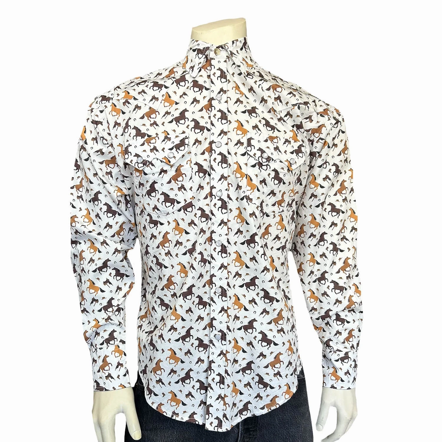 Corporate Retreat Rockmount Mens Horse Print Western White/Tan 100% Cotton L/S Shirt