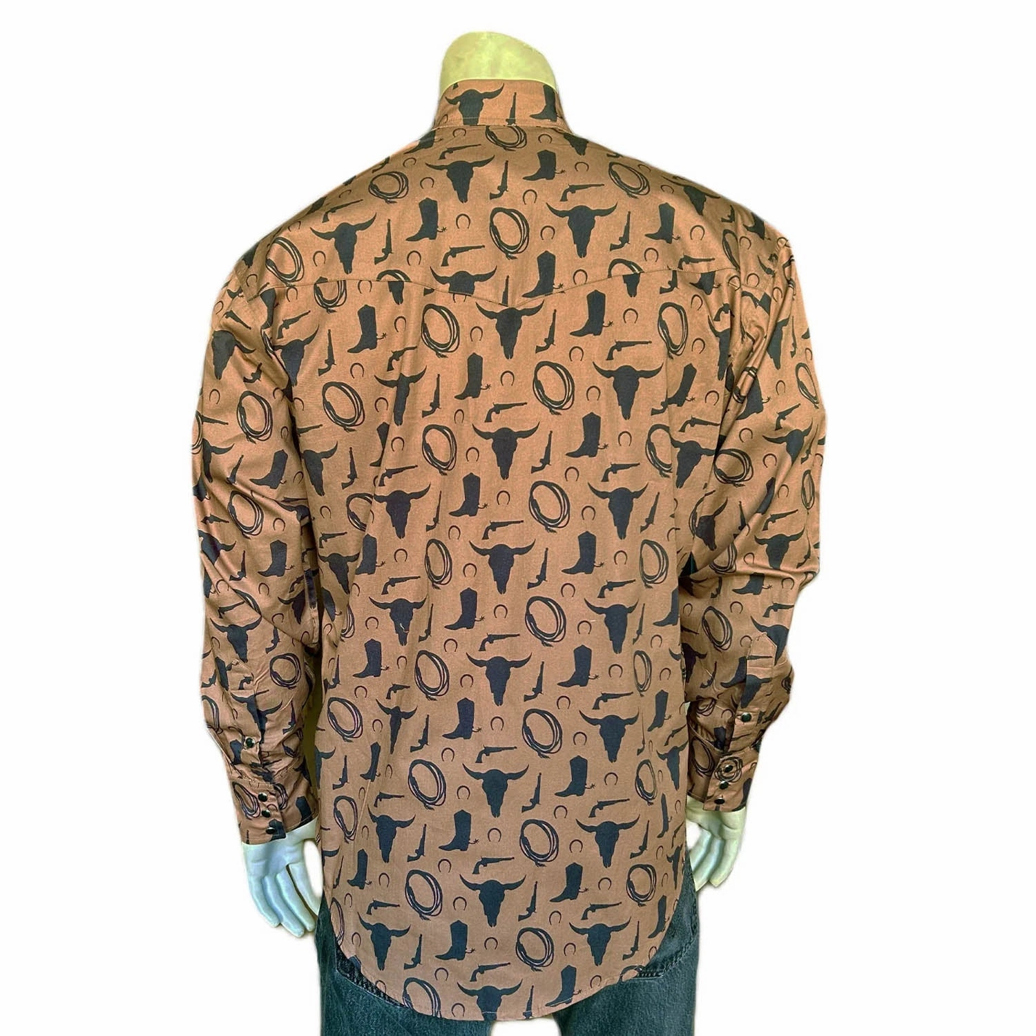 Plus Size Fit Rockmount Mens Lariat Boot Steer Skull Brown 100% Cotton L/S Shirt