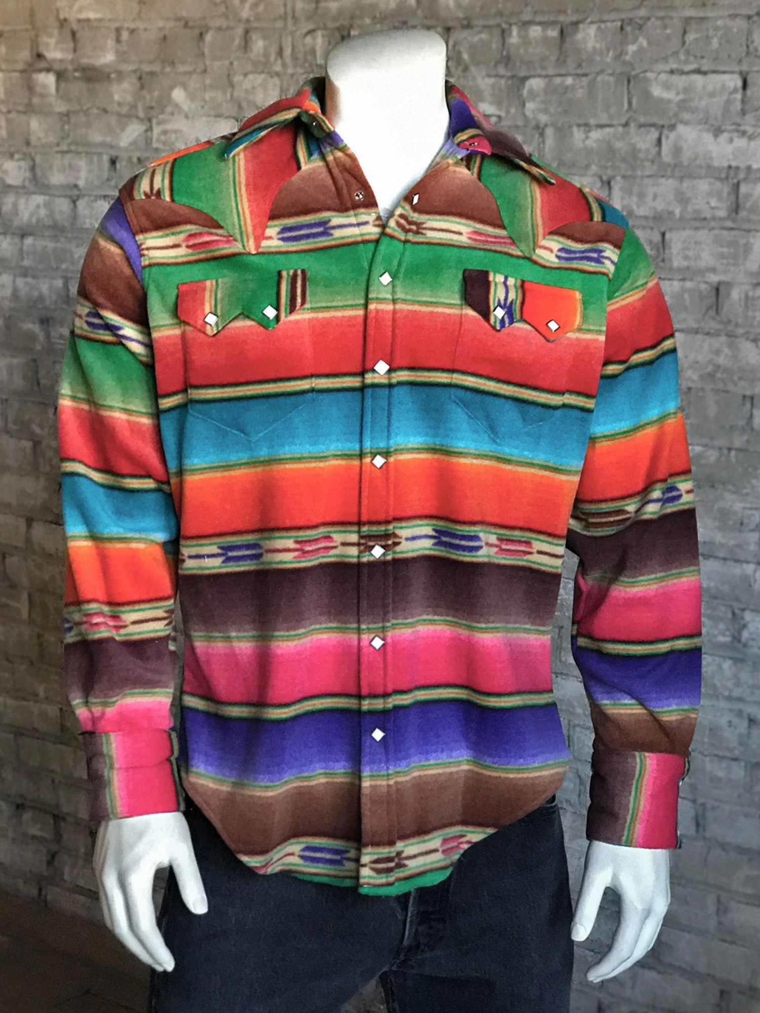 Rockmount Mens Multi-Color Fleece Native Pattern Fleece Stripe L/S Shirt Non Restrictive Armhole