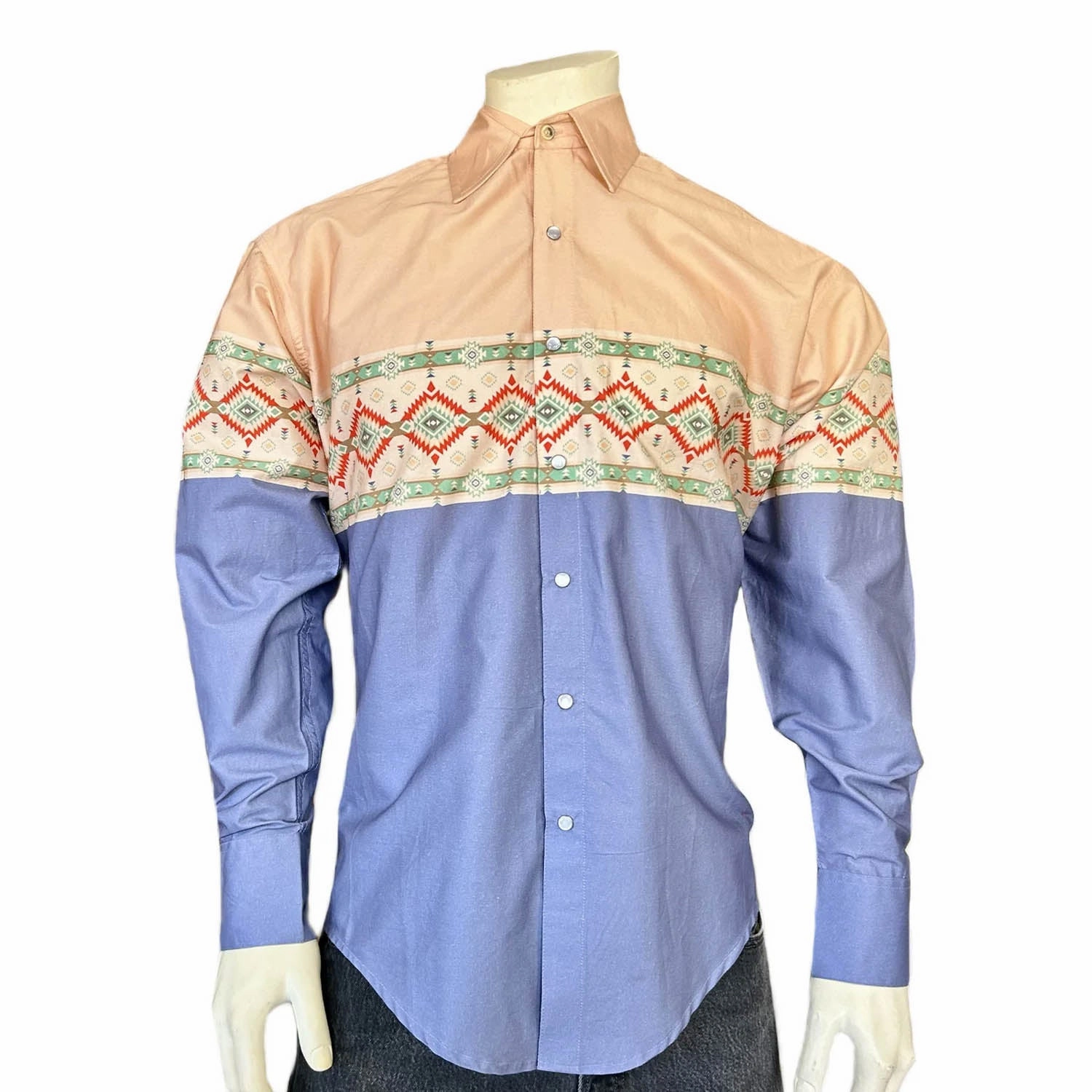 Night Out Durable Stitching Rockmount Mens Native Pattern Peach/Blue 100% Cotton L/S Shirt