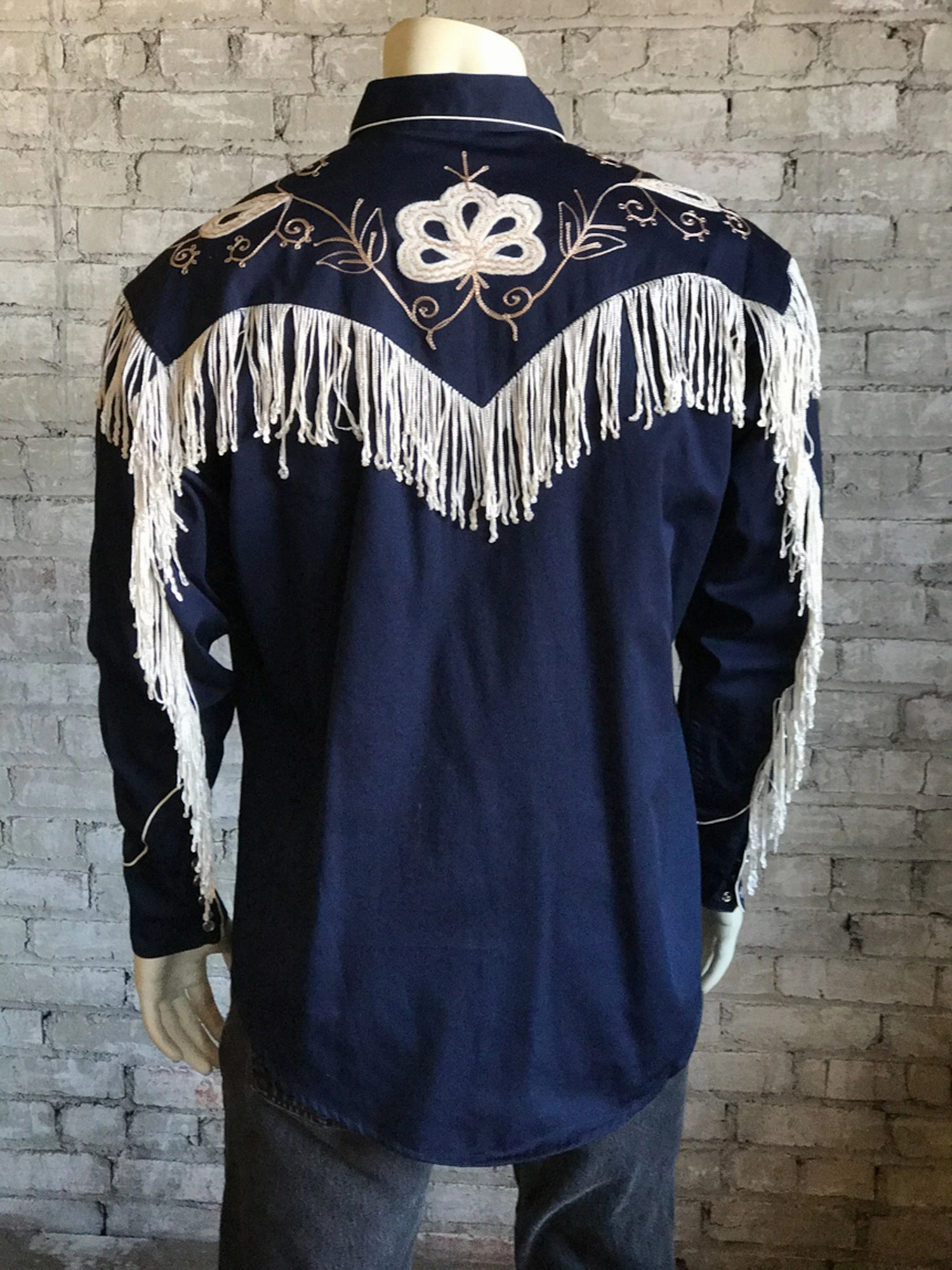 Anti Static Treatment Tagless Labeling Rockmount Mens Navy 100% Cotton Vintage Fringe Western L/S Shirt