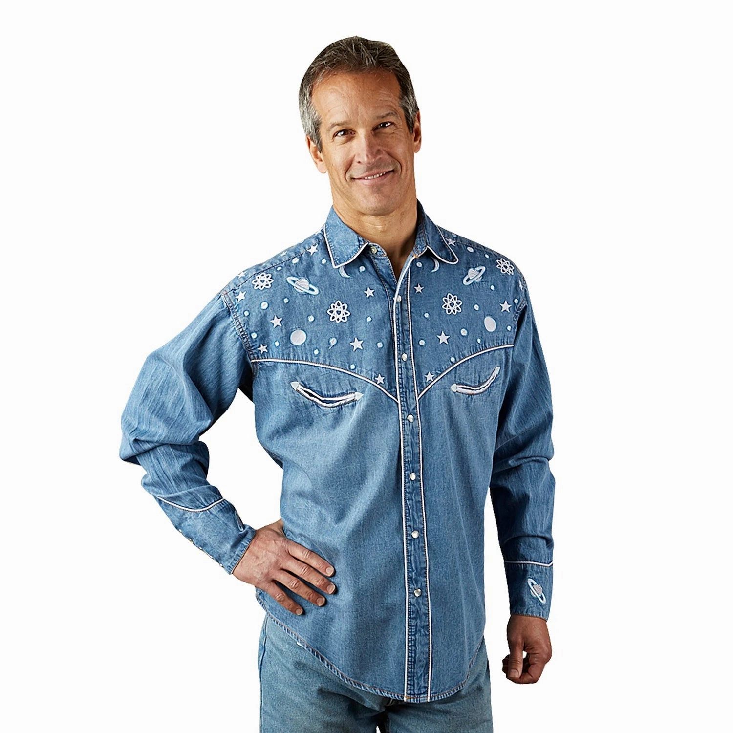 Rockmount Mens Out Of This World Denim 100% Cotton L/S Shirt Neutral Colors