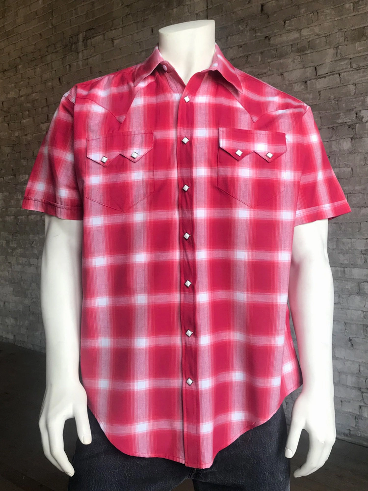 Two Tone Stitching Tropical theme Rockmount Mens Red 100% Cotton Shadow Plaid Western S/S Shirt