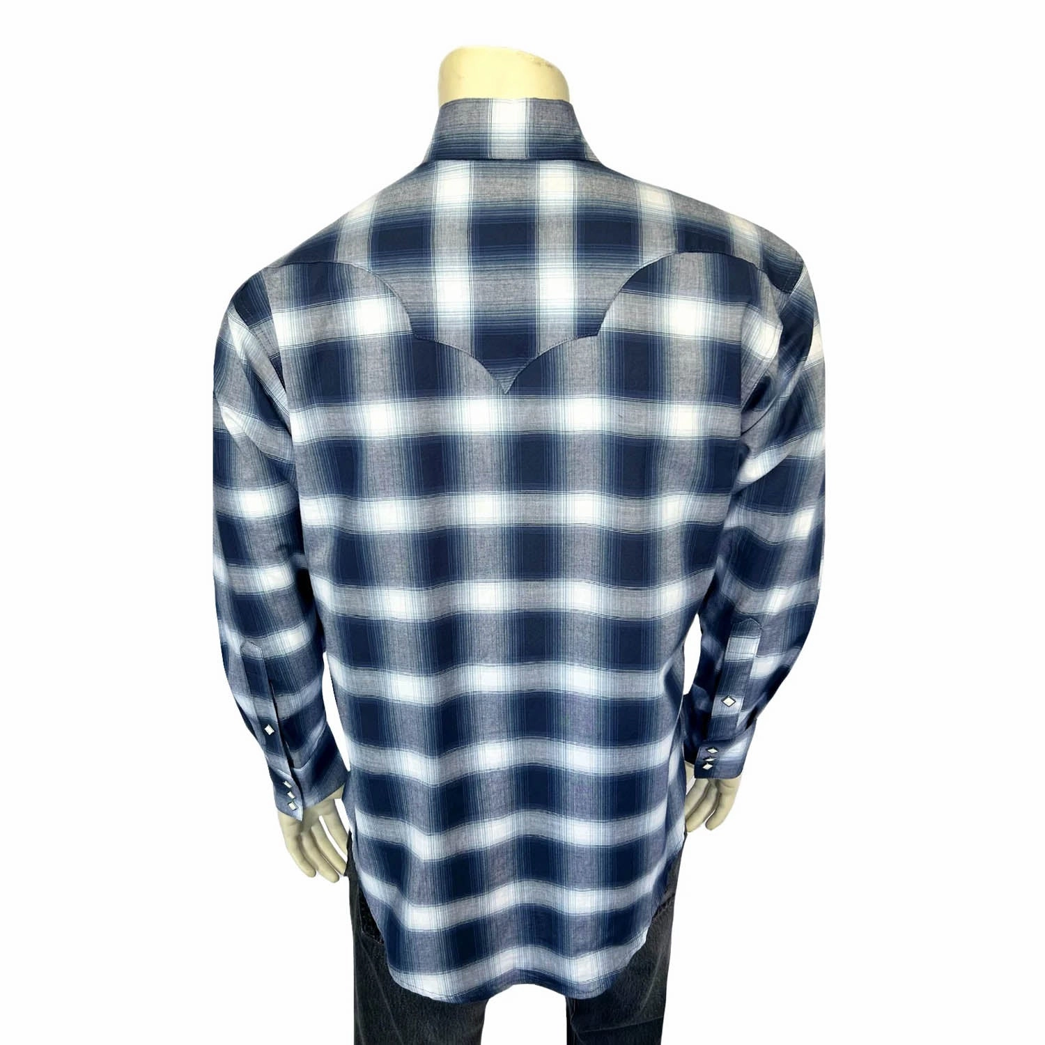 Rockmount Mens Shadow Plaid Western Blue/White 100% Cotton L/S Shirt Runway Inspired UV Protective Coating