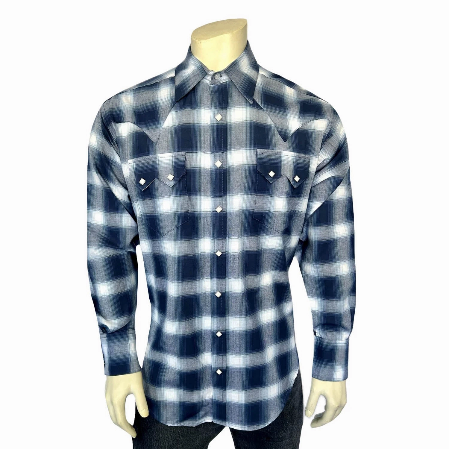 Evening Elegance Smart Casual Rockmount Mens Shadow Plaid Western Blue/White 100% Cotton L/S Shirt