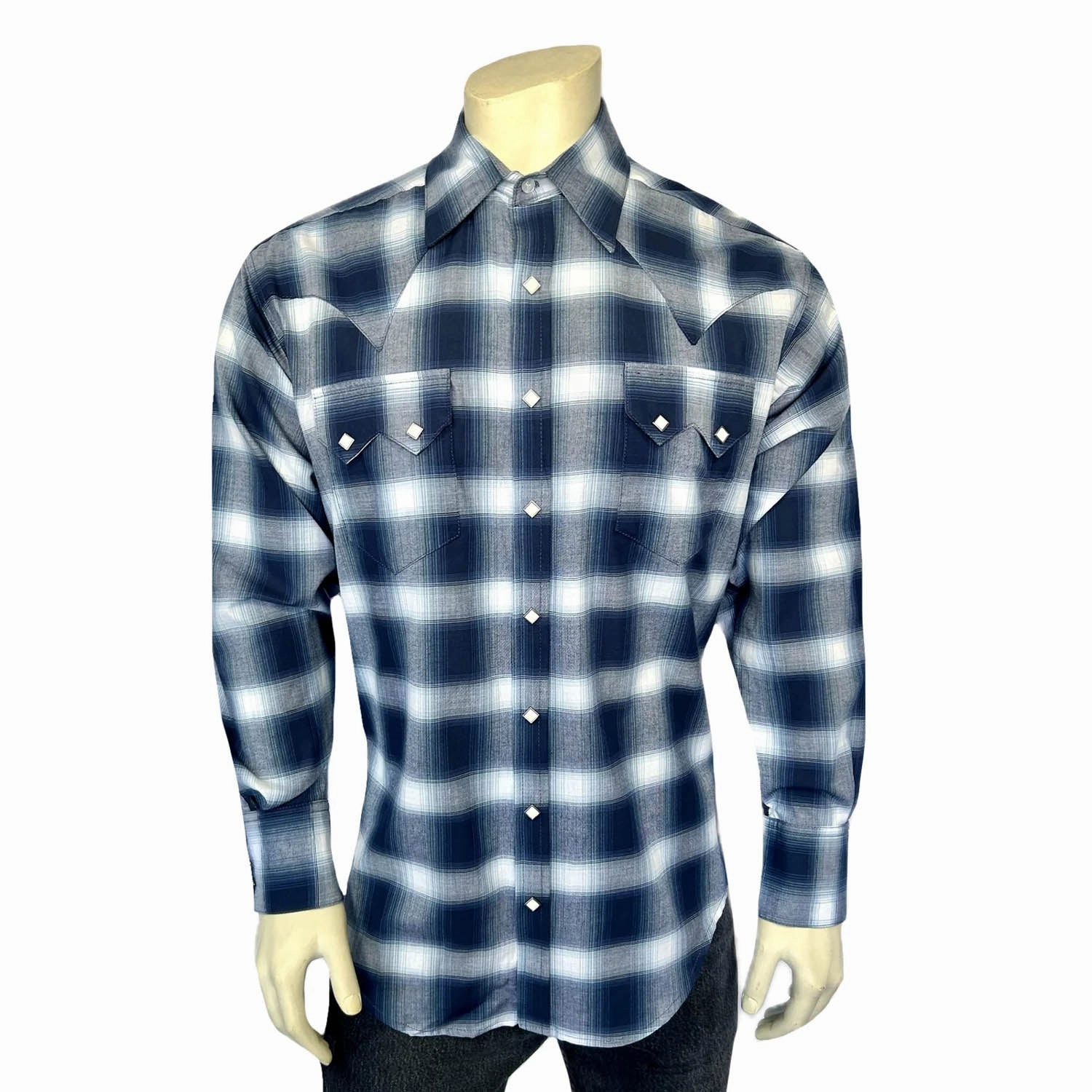 Rockmount Mens Shadow Plaid Western Blue/White 100% Cotton L/S Shirt Layered Design Urban Wear