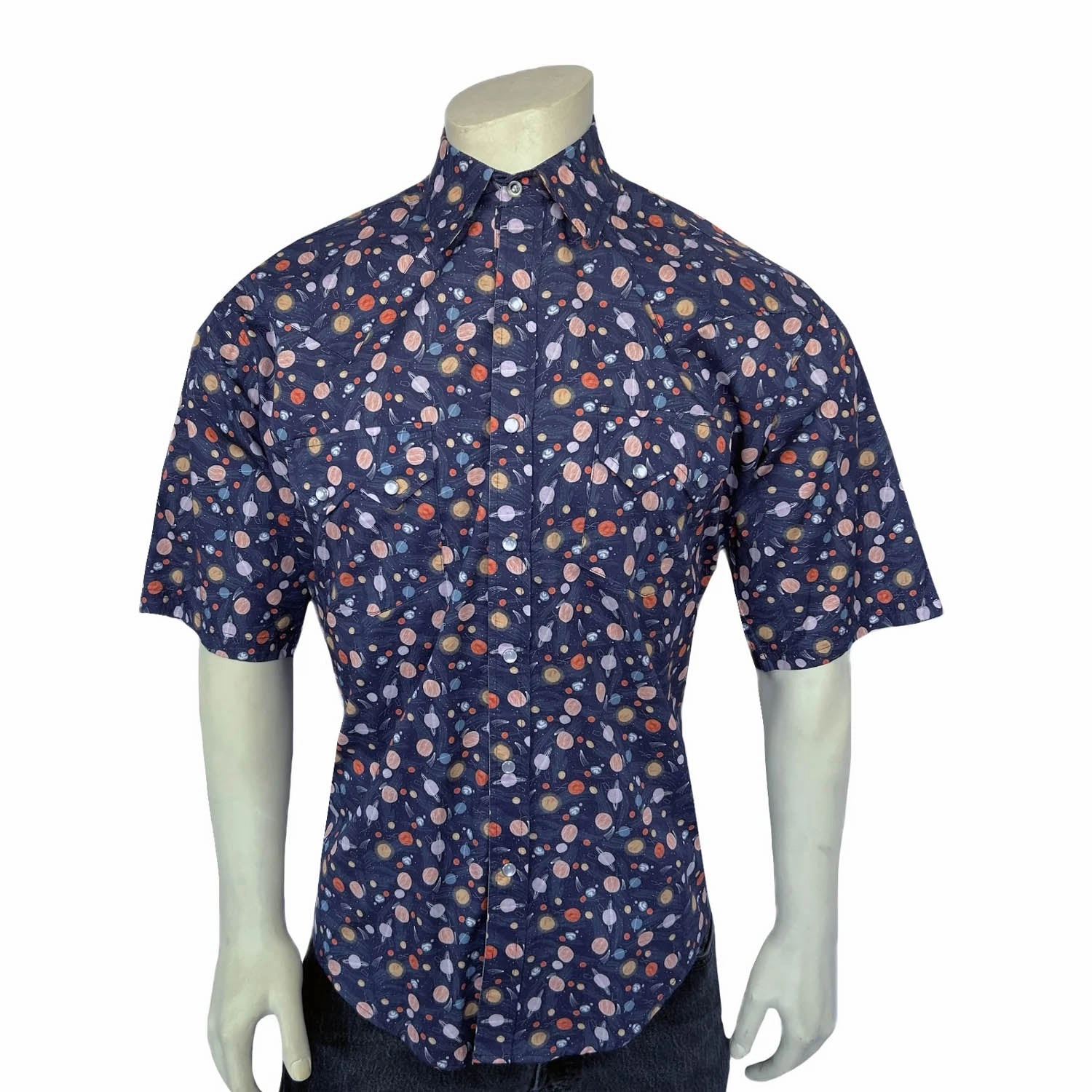 Rockmount Mens Solar System Print Navy 100% Cotton S/S Shirt Flatlock stitching