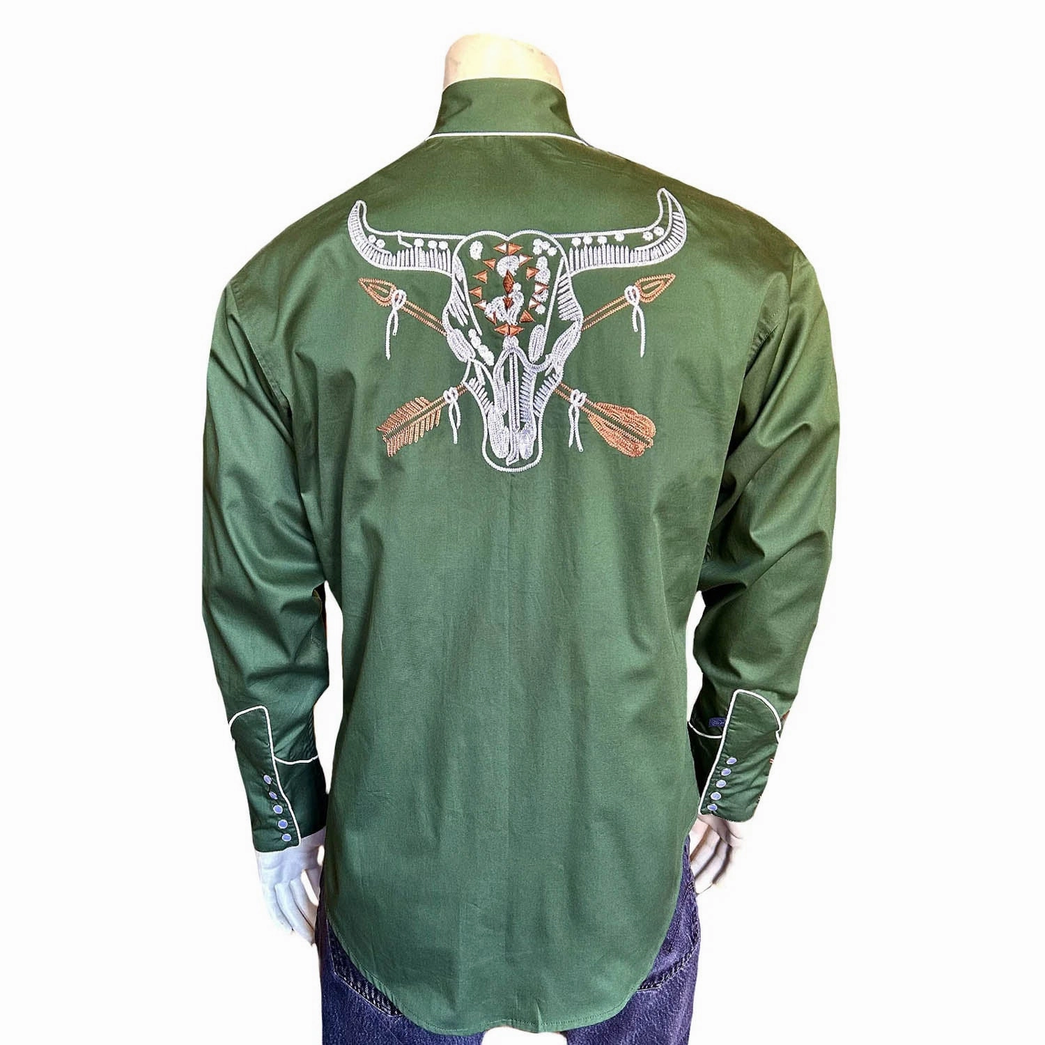 slim fit Multi Functional Pockets Rockmount Mens Steer Skull and Arrow Green 100% Cotton L/S Shirt