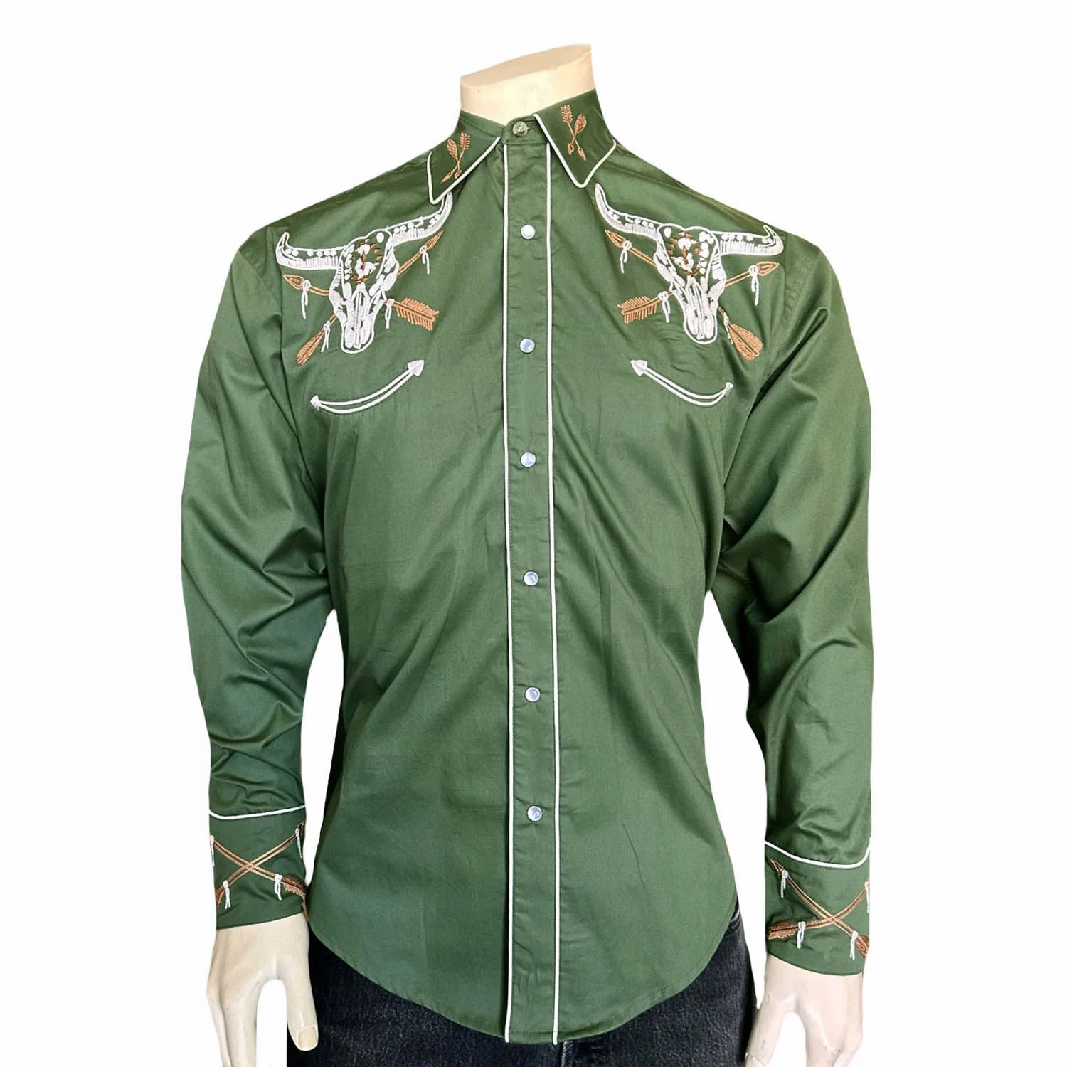 Rockmount Mens Steer Skull and Arrow Green 100% Cotton L/S Shirt Premium Quality