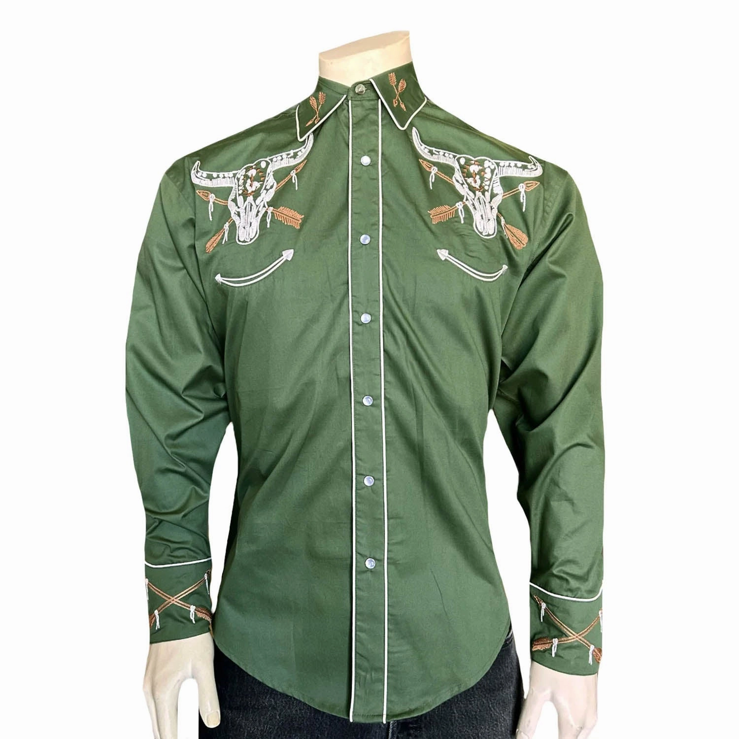 Rockmount Mens Steer Skull and Arrow Green 100% Cotton L/S Shirt Polo Style