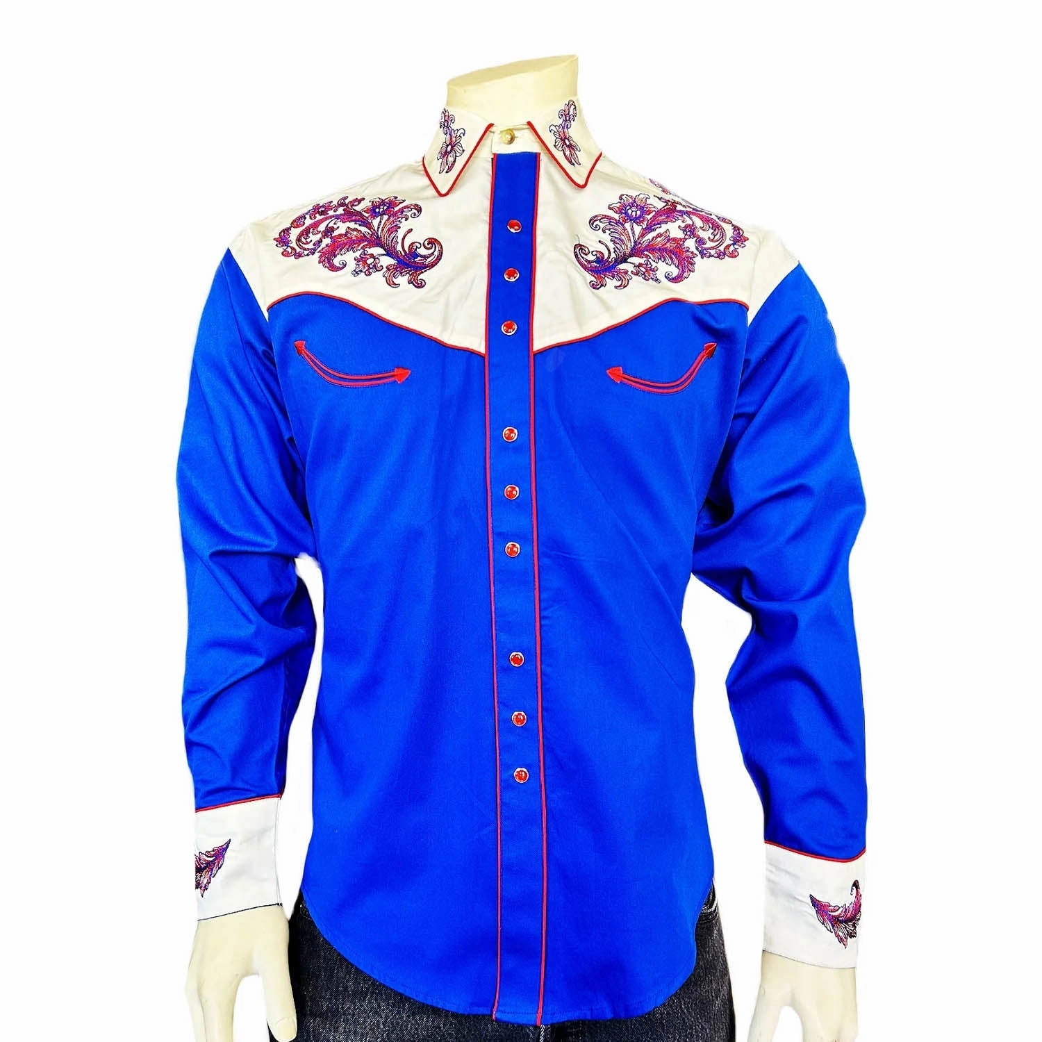 Rockmount Mens Vintage 2-Tone Floral Royal Blue/White 100% Cotton L/S Shirt Odorless Binding Tape Eco-friendly