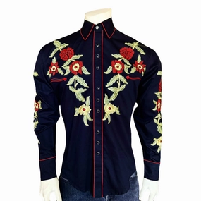 Rockmount Mens Vintage Floral Embroidered Black 100% Cotton L/S Shirt Smooth Texture