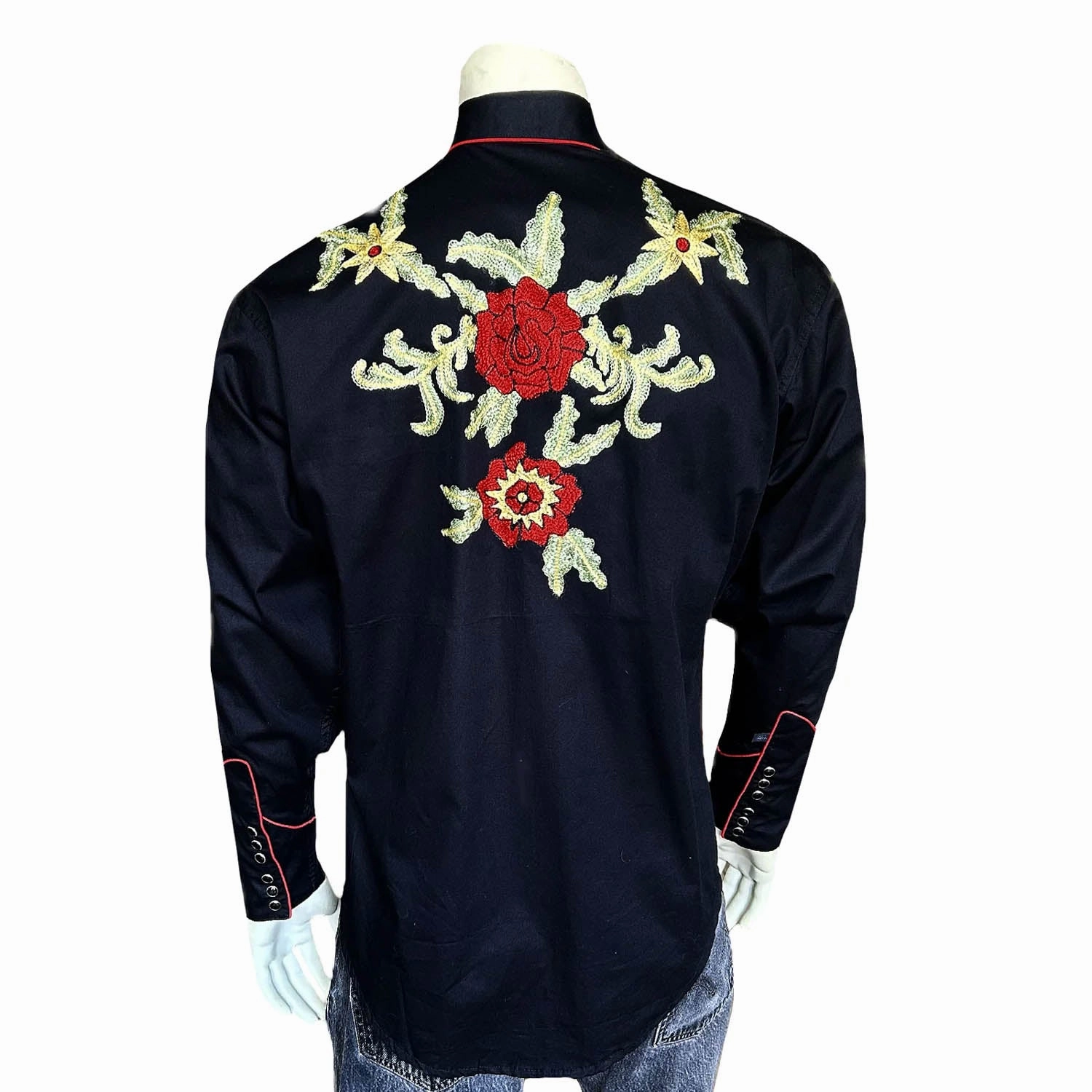 Rockmount Mens Vintage Floral Embroidered Black 100% Cotton L/S Shirt Hypoallergenic Lining Special Occasion