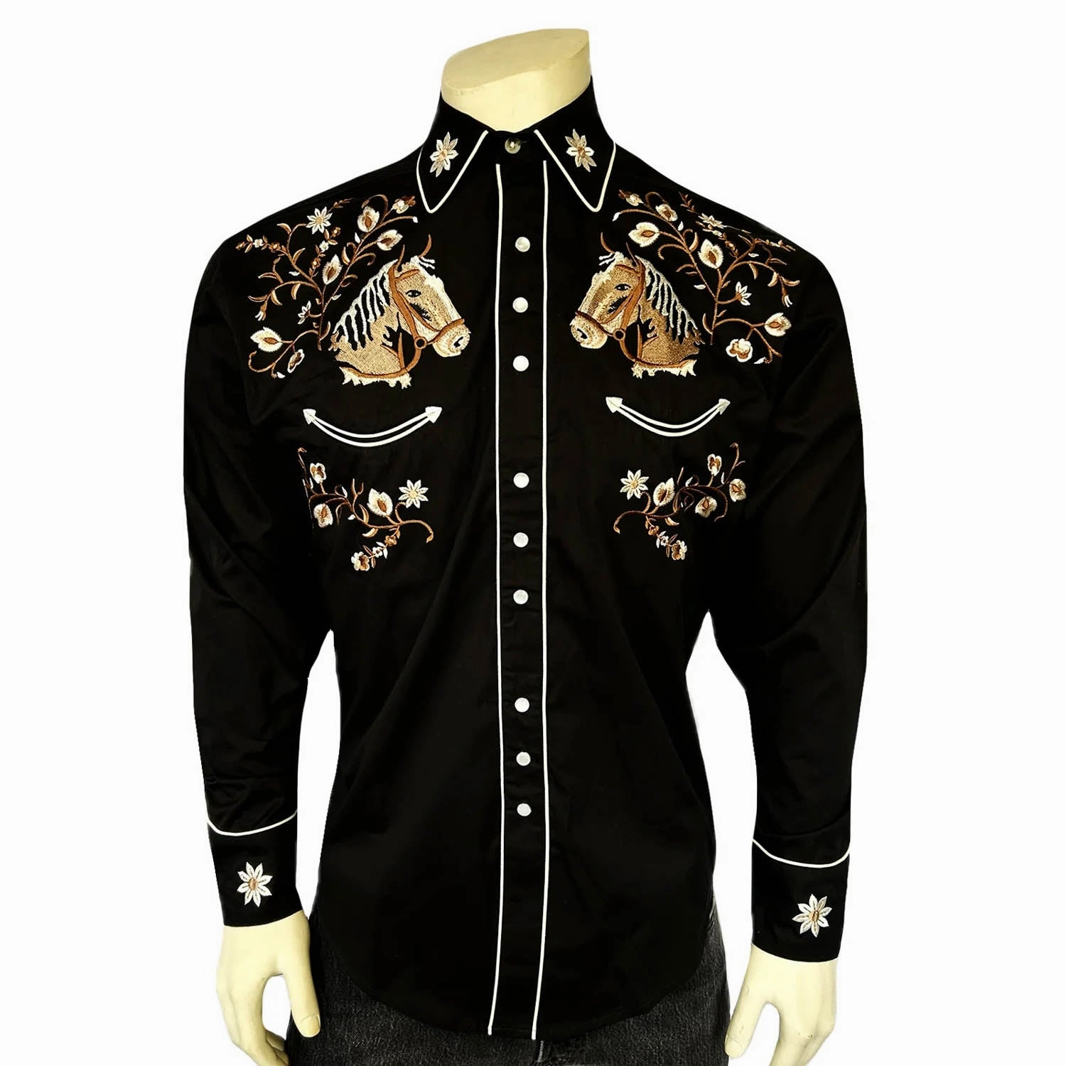 Travel Friendly Country Escape Rockmount Mens Vintage Horsehead Floral Black 100% Cotton L/S Shirt