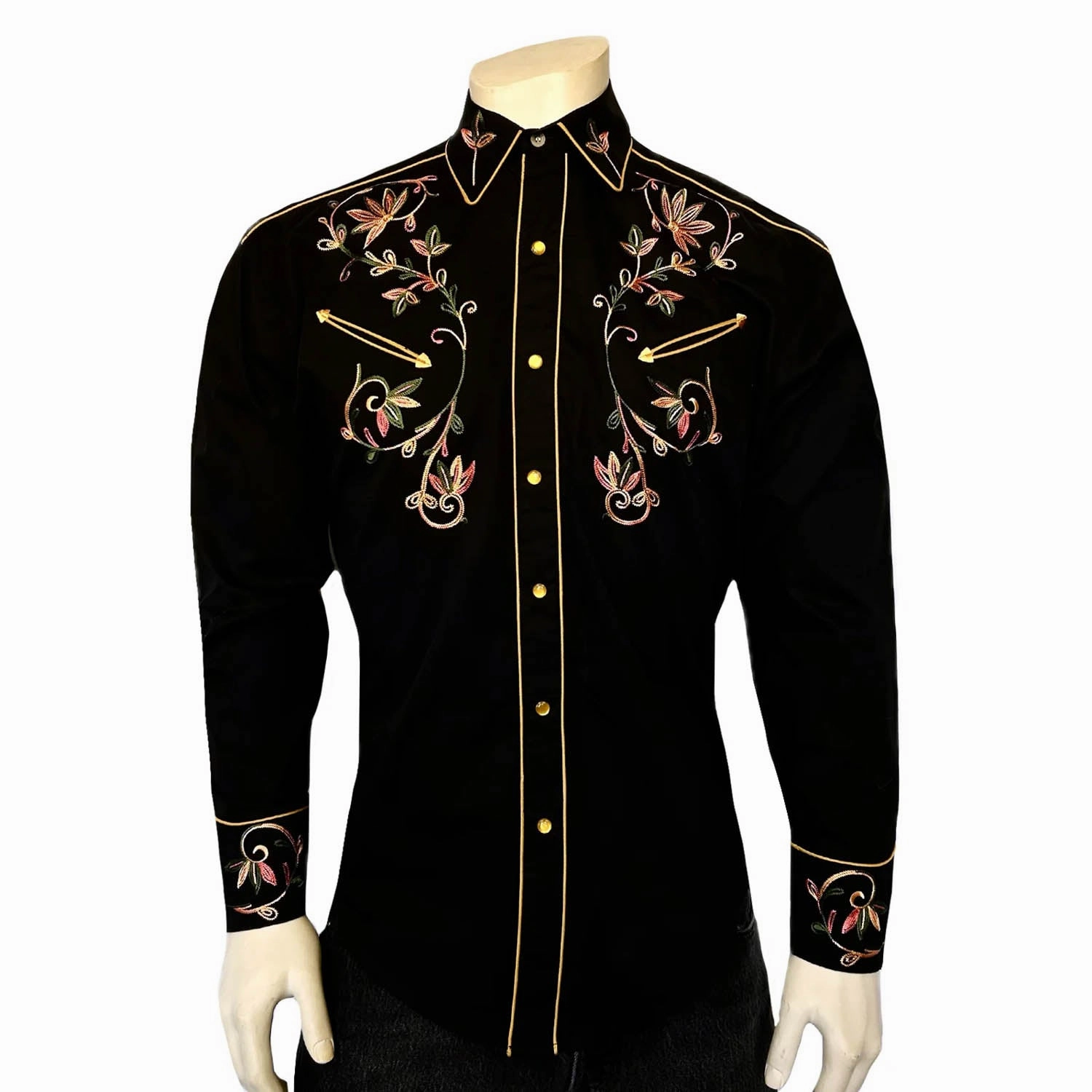 Rockmount Mens Vintage Variegated Floral Black 100% Cotton L/S Shirt Pure Cotton Durable Thread Construction