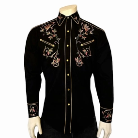 Rockmount Mens Vintage Variegated Floral Black 100% Cotton L/S Shirt Pure Cotton Durable Thread Construction