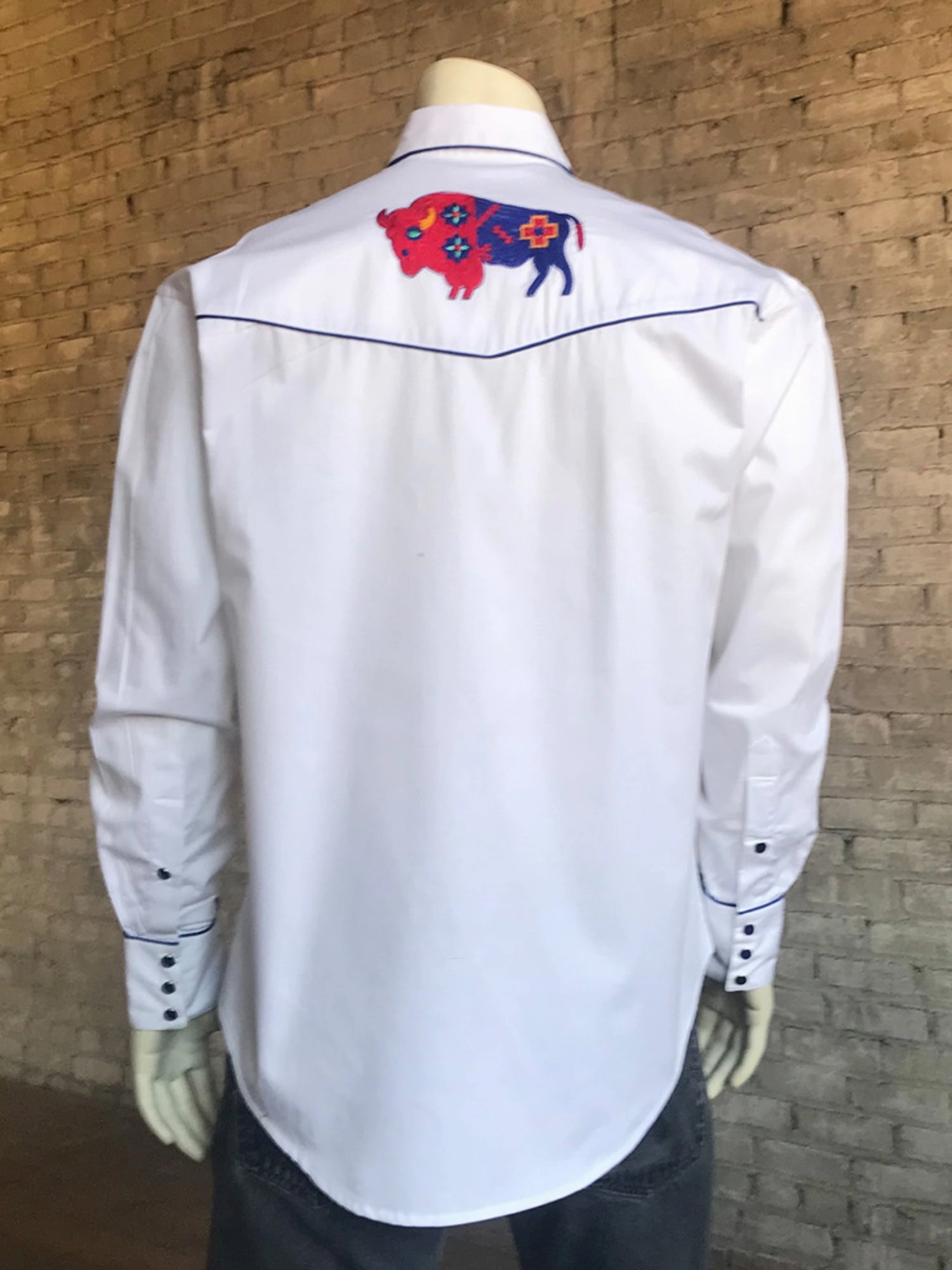 Travel Friendly Rockmount Mens White 100% Cotton American Bison Western L/S Shirt