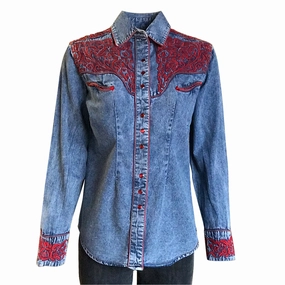 Rockmount Womens Denim/Red 100% Cotton Vintage Tooling Embroidery L/S Shirt Beach Ready