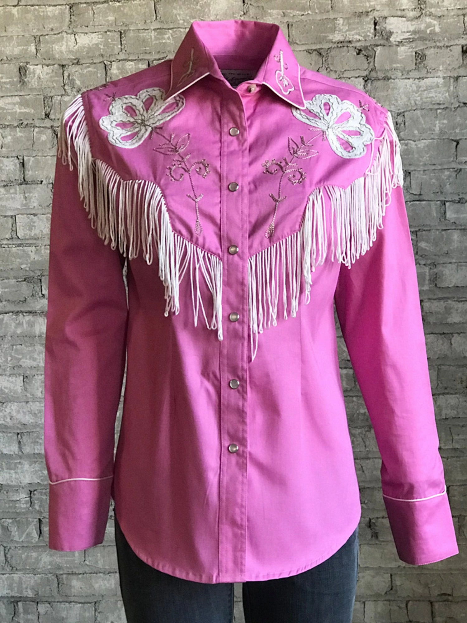 Ribbed Trim Odorless Binding Tape Rockmount Womens Pink 100% Cotton Embroidered Fringe Western L/S Shirt