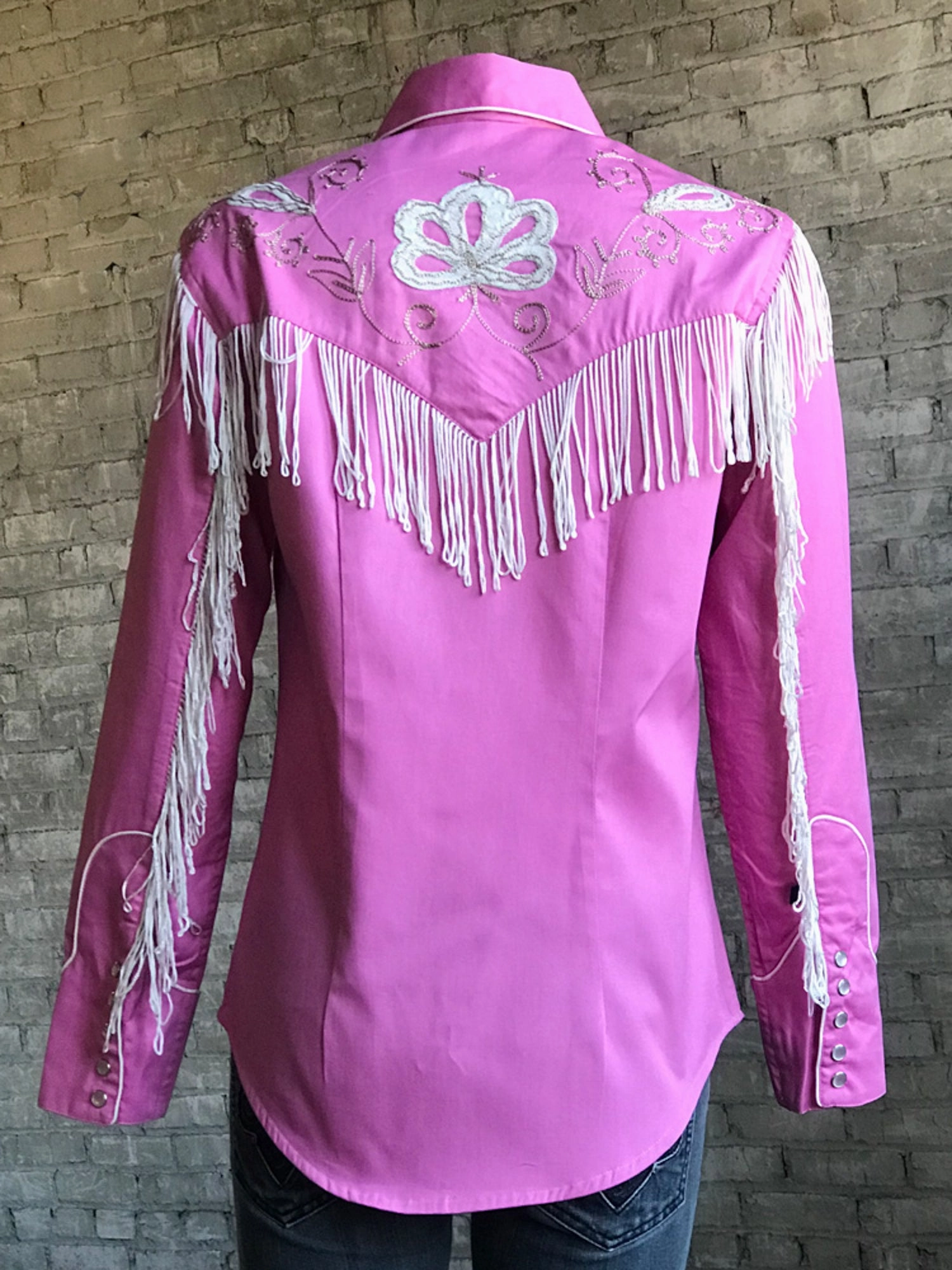 Rockmount Womens Pink 100% Cotton Embroidered Fringe Western L/S Shirt Water Repellent Finish