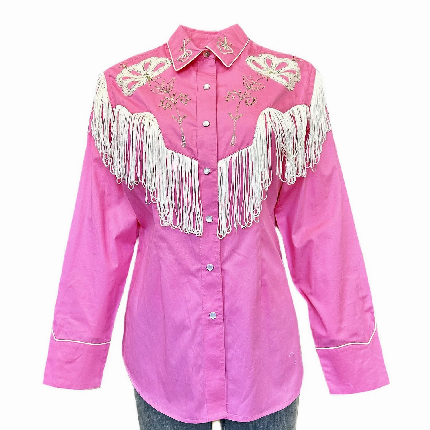Athleisure Trend Rockmount Womens Vintage Fringe Embroidered Pink 100% Cotton L/S Shirt
